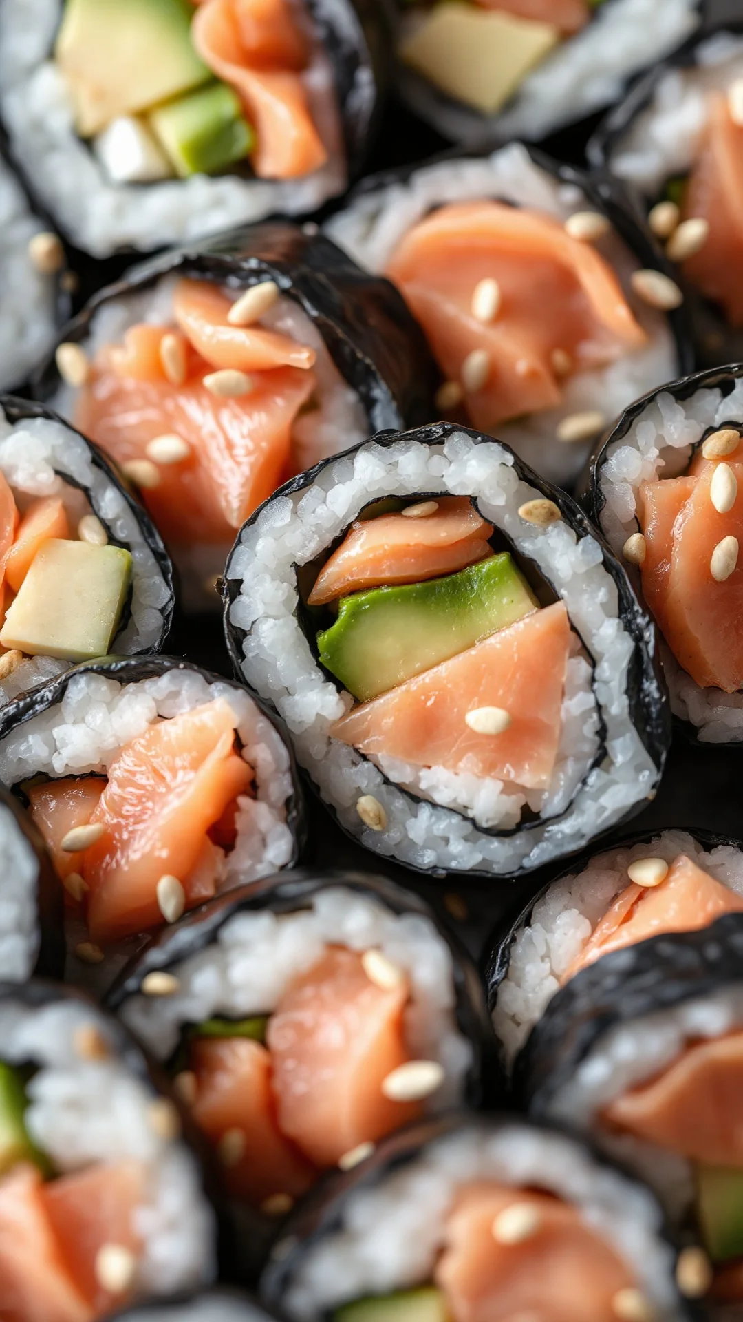 Close-up detailed shot of freshly sliced sushi rolls showing salmon, avocado, and rice filling, crispy nori seaweed, garnishe