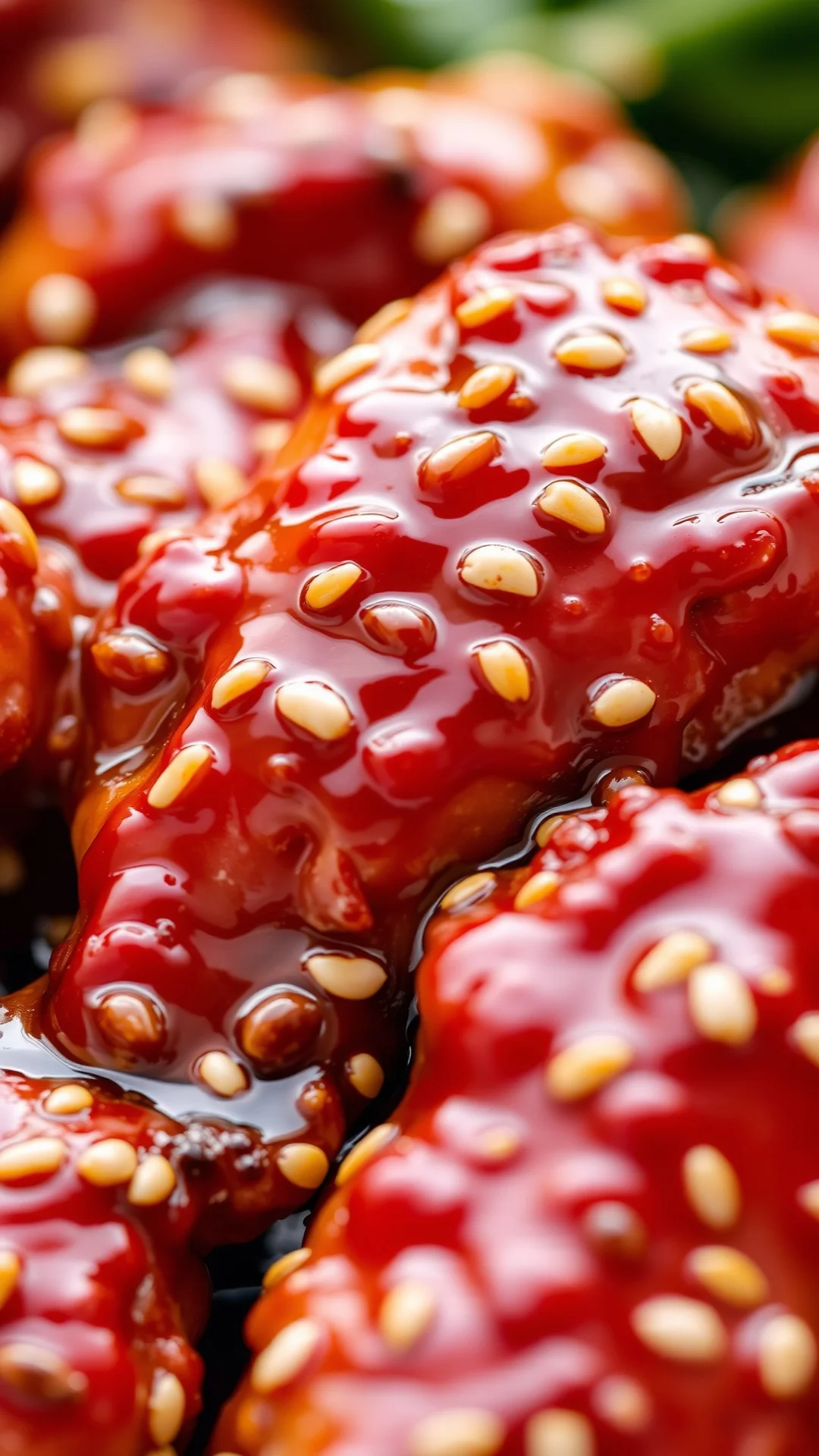 Close-up detailed shot of glazed Asian chicken with ginger sauce, sesame seeds, glistening surface, food styling, professiona