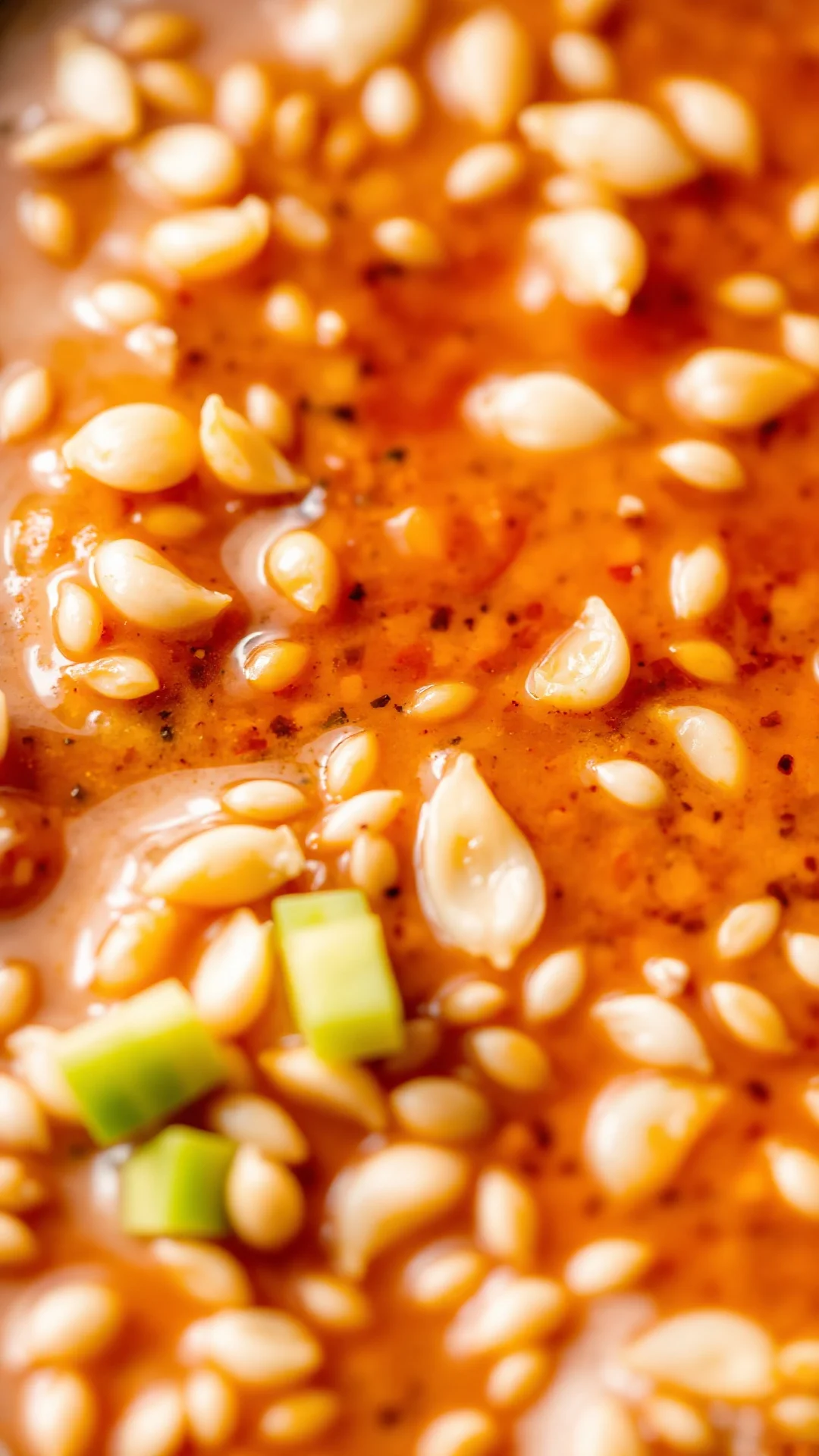 Close-up detailed shot of homemade Asian sauce with visible ginger, garlic, sesame seeds, fresh ingredients, rich amber color