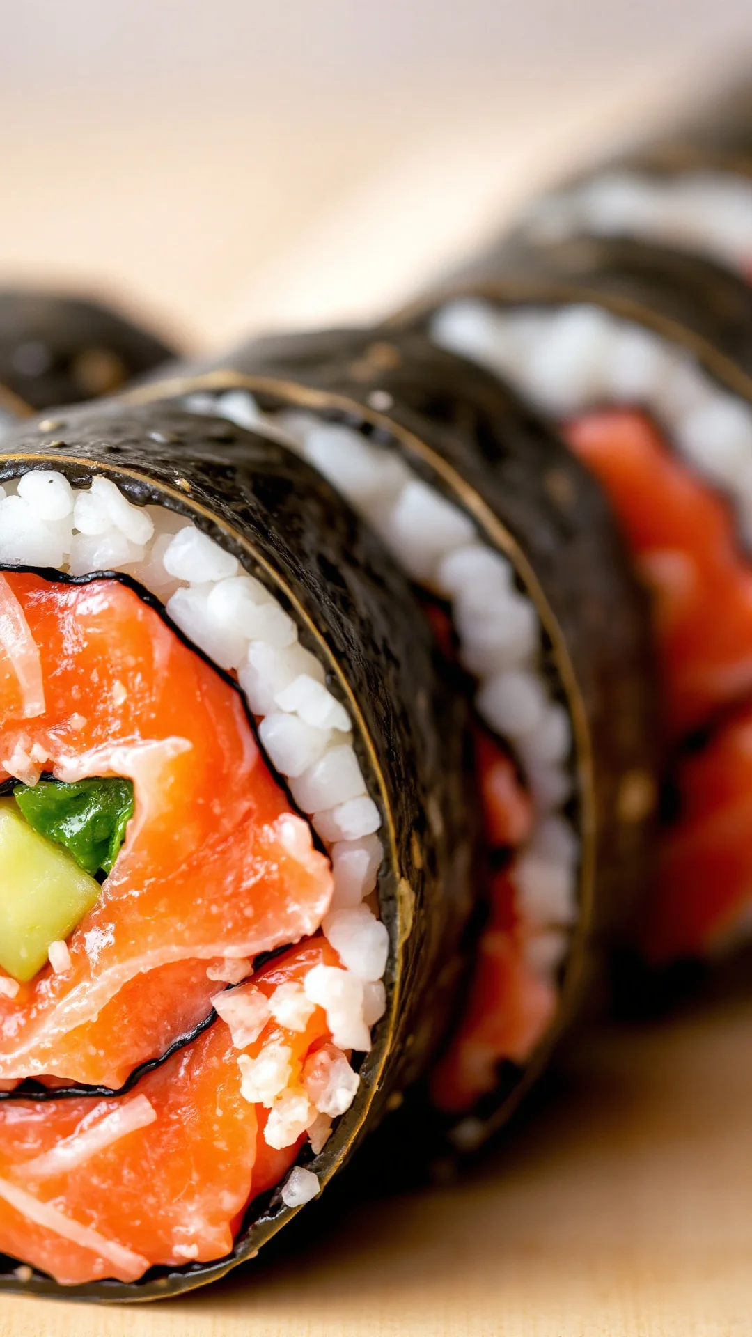 Close-up detailed shot of sliced salmon sushi roll cross-section, showing fresh salmon, rice and nori layers, soft natural li