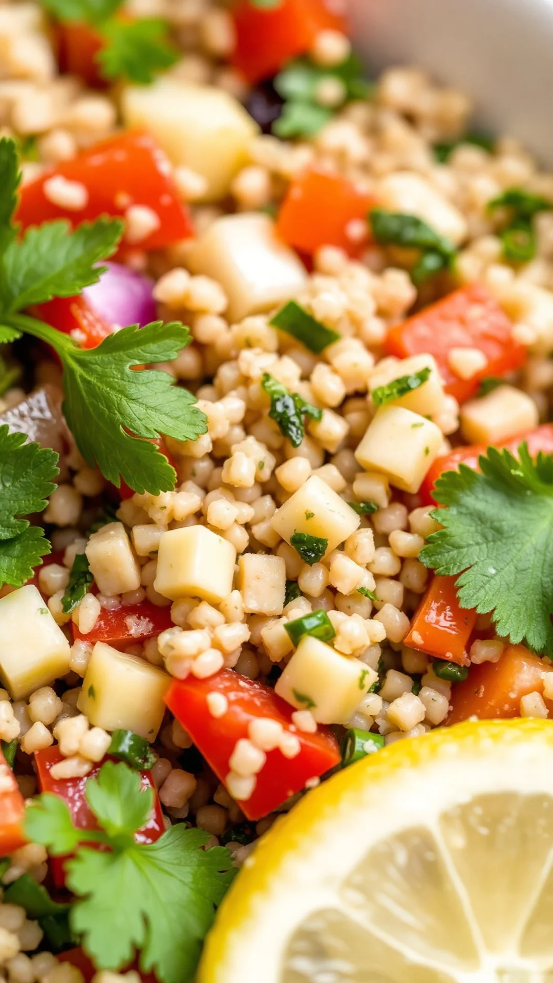 Close-up detailed shot of tabbouleh with fresh herbs, diced vegetables, bulgur wheat, parsley, mint, lemon juice, high-qualit