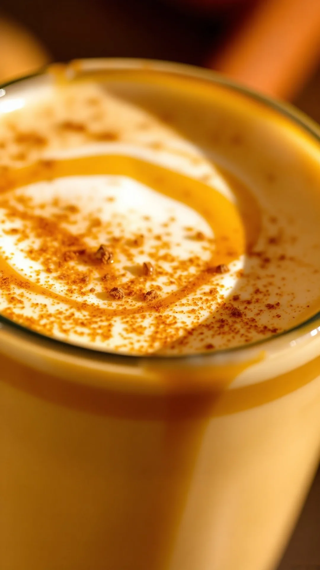Close-up detailed shot pumpkin spice latte latte creamy texture, cinnamon powder dusted on top, autumn spices visible, golden