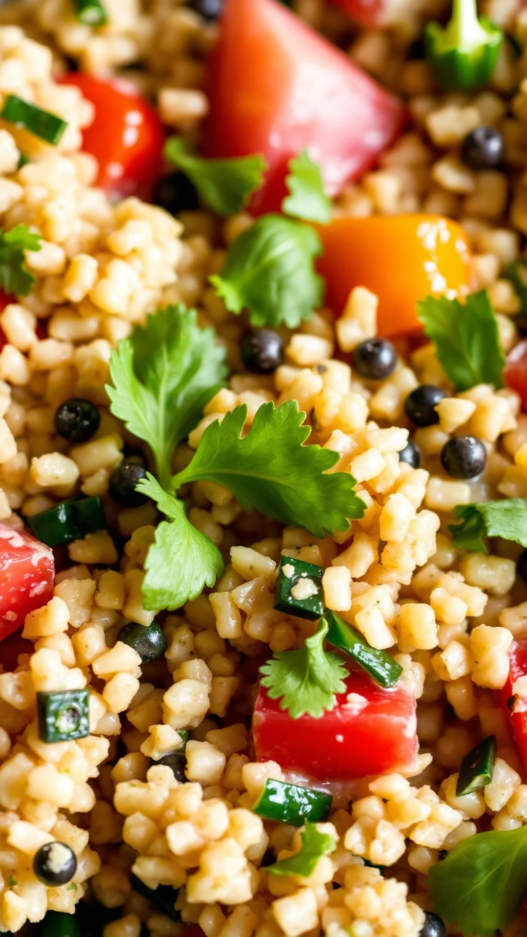 Close-up detailed view of creamy tabbouleh salad texture showing bulgur grains, fresh herbs, tomato chunks and dressing, vibr