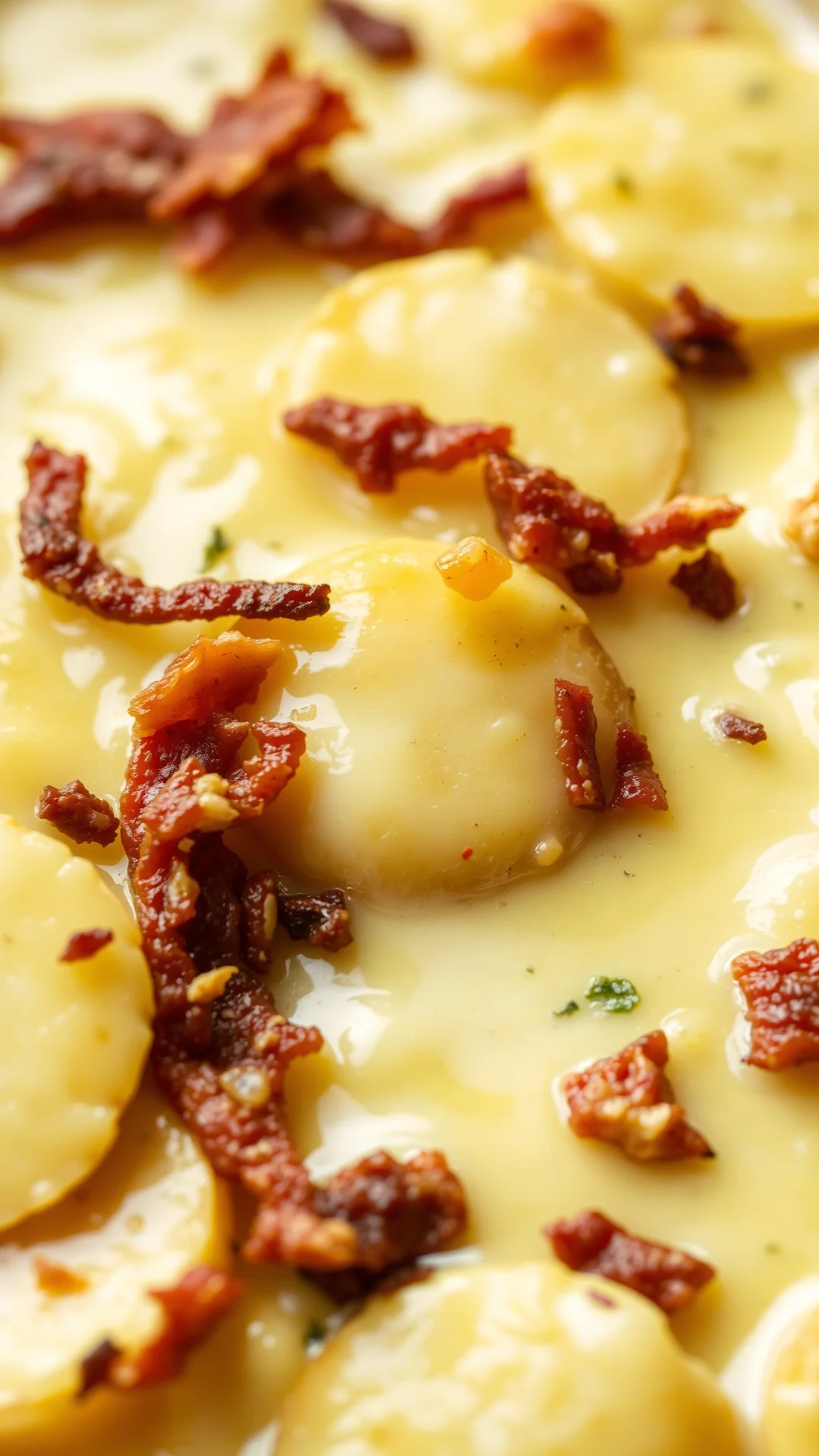 Close-up extreme closeup of bubbling tartiflette with melted raclette cheese, tender sliced potatoes, crispy lardons, and cre