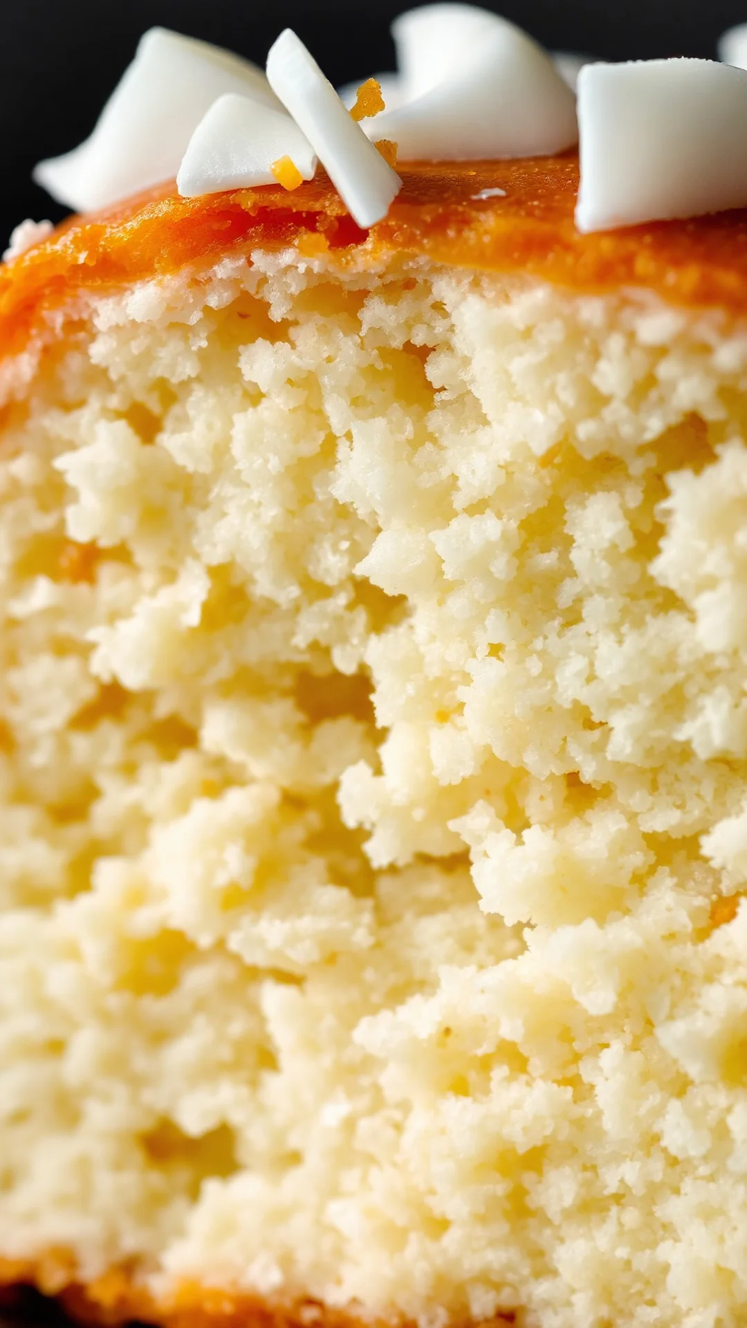 Close-up extreme detail of freshly sliced Asian coconut cake showing fluffy airy crumb texture, golden yellow color, soft dif