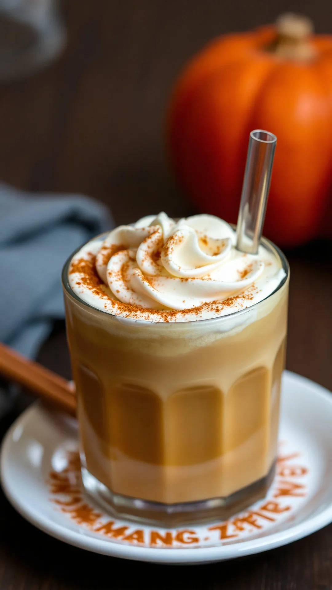 Close-up extreme detail of pumpkin spice latte with whipped cream topping and cinnamon powder, steam rising, warm autumn colo
