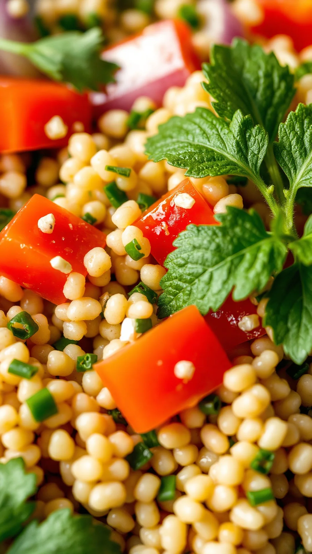 Close-up extreme macro shot of fresh tabbouleh salad, couscous grains visible, vibrant green parsley, red tomato cubes, mint