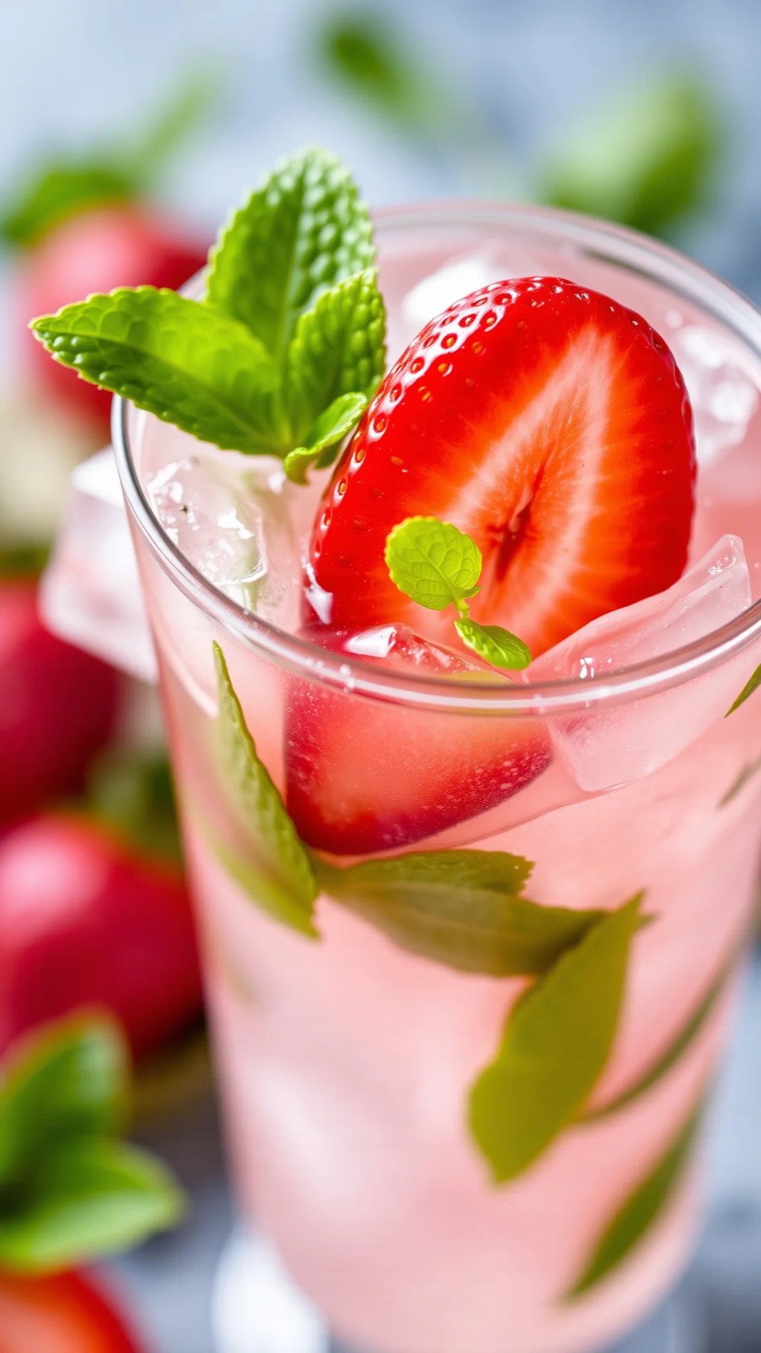 Close-up fresh strawberry mojito drink, vibrant red fruits, green mint leaves, ice detail, refreshing summer cocktail macro