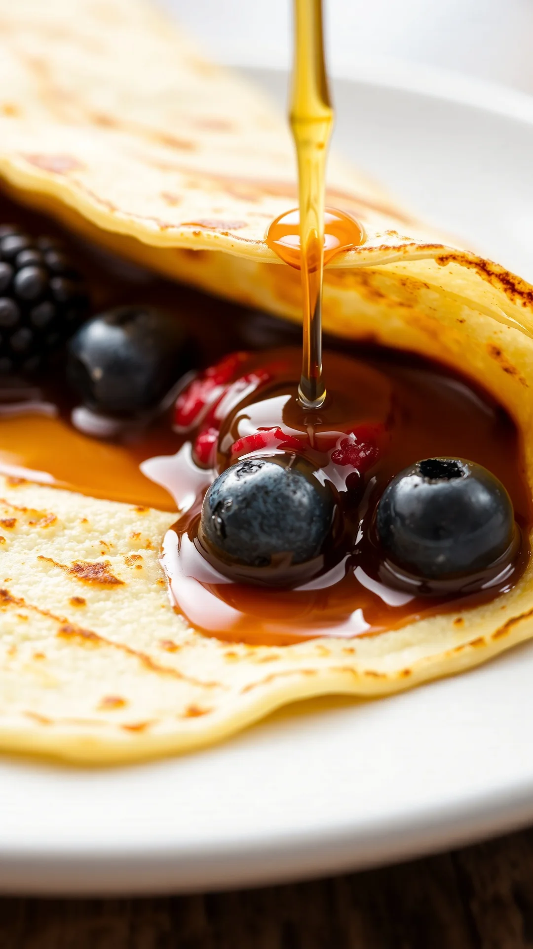 Close-up freshly cooked crepe folded with nutella and berries, golden brown edges, drizzle of honey, soft afternoon light