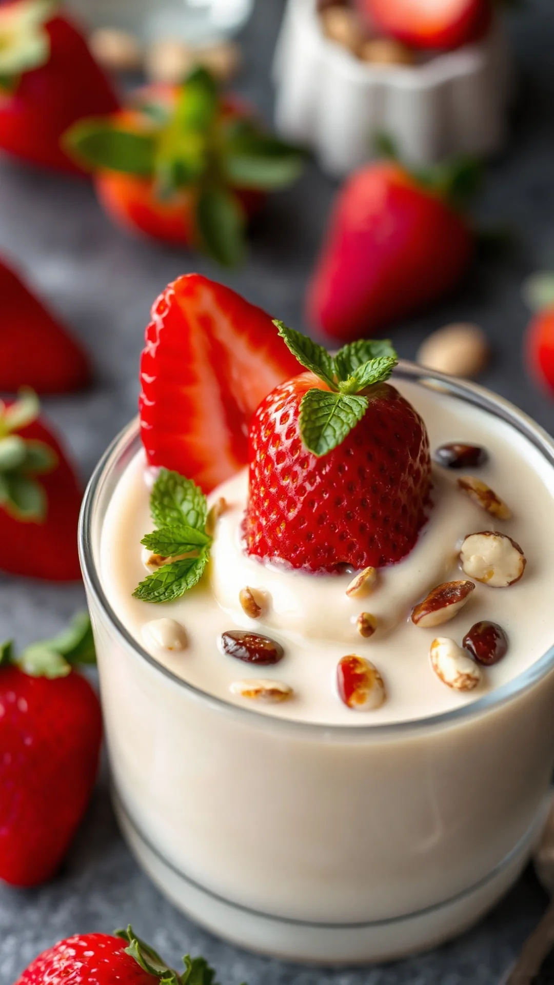 Close-up freshly made Strawberry Melba dessert, creamy vanilla sauce, ripe red strawberries, crispy almond slivers, garnish m