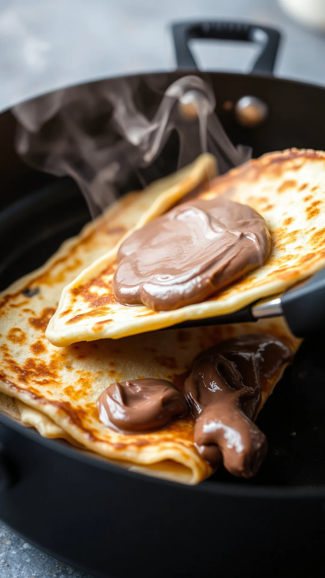 Close-up golden brown crêpe being flipped in pan with spatula, steam rising, creamy Nutella spread, macro food photography