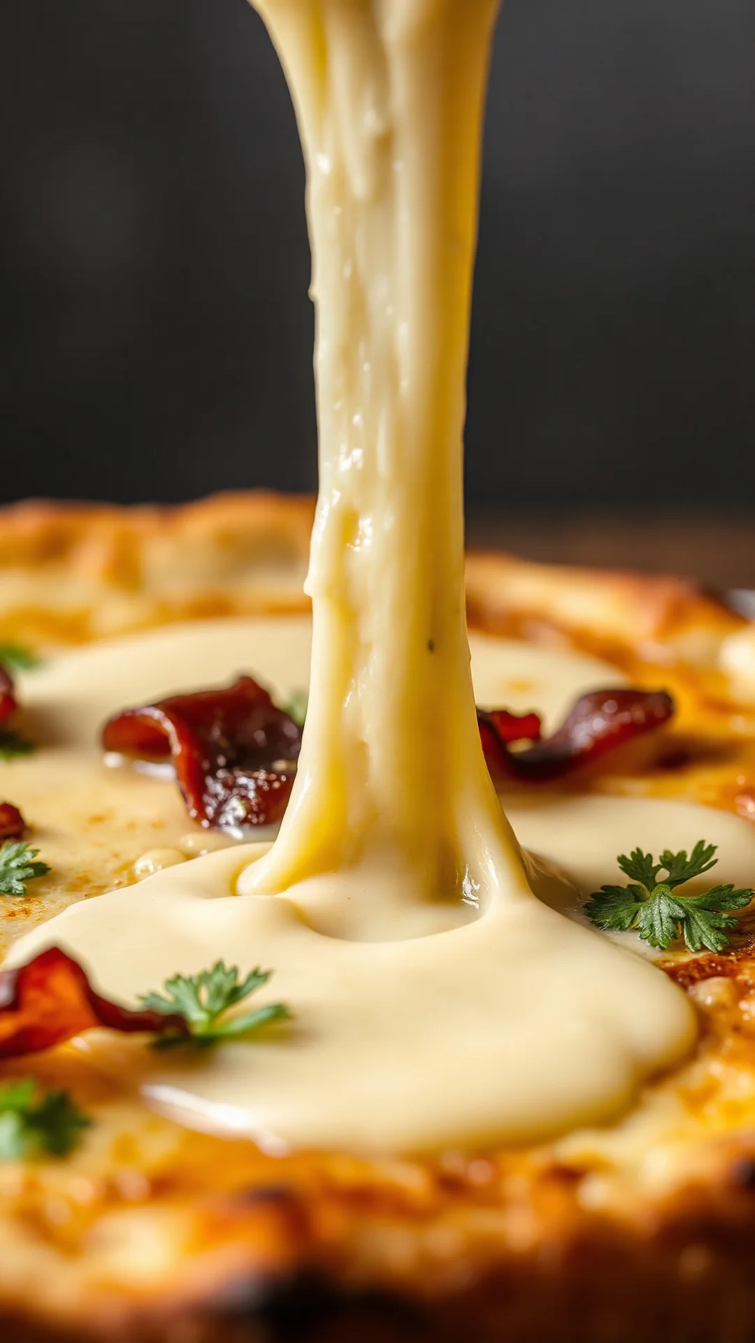 Close-up gooey reblochon cheese stretching on hot pizza tartiflette, golden crust, smoky bacon bits, creamy potato layers, re