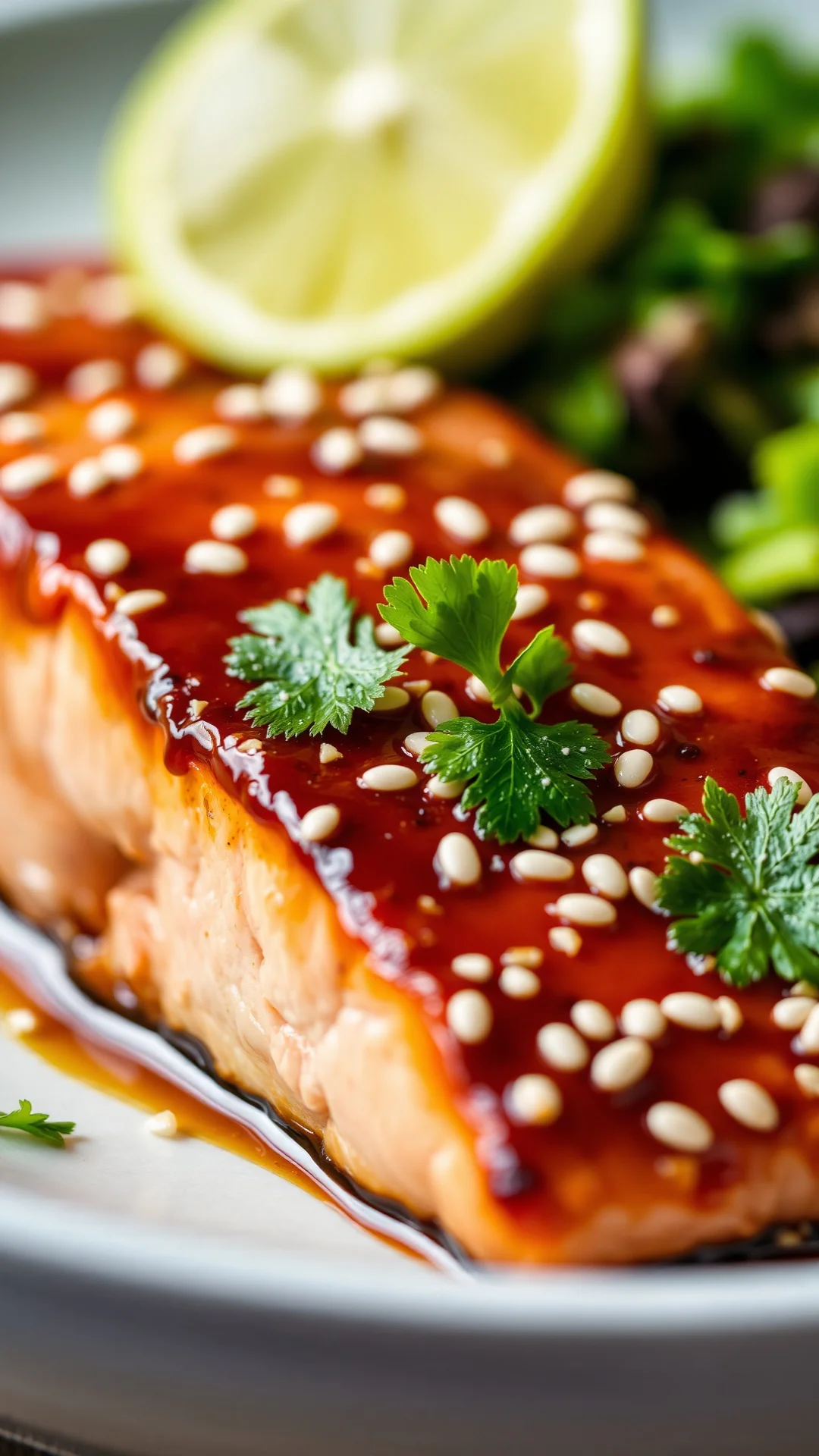 Close-up gourmet salmon fillet with caramelized Asian glaze, white sesame seeds, fresh green cilantro garnish, citrus lime, a