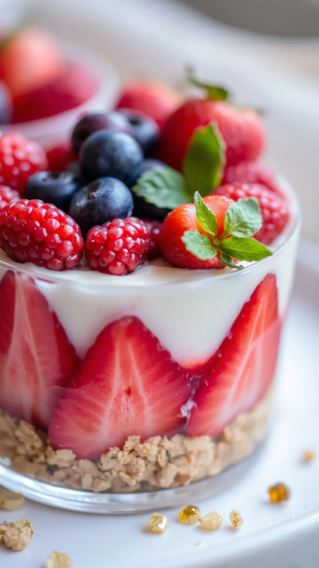 Close-up gourmet strawberry mascarpone verrine dessert with vibrant red strawberries, creamy white mascarpone layer, crushed