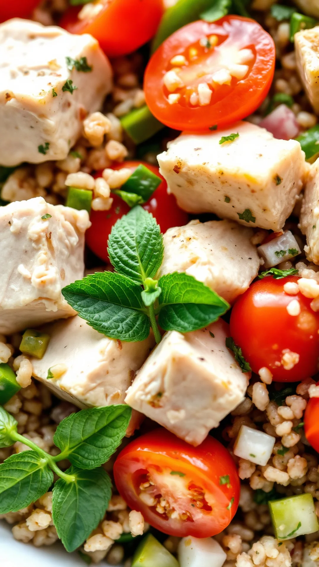 Close-up gourmet tabbouleh with tender chicken cubes, fluffy bulgur, vibrant green herbs, juicy tomatoes, fresh mint leaves,