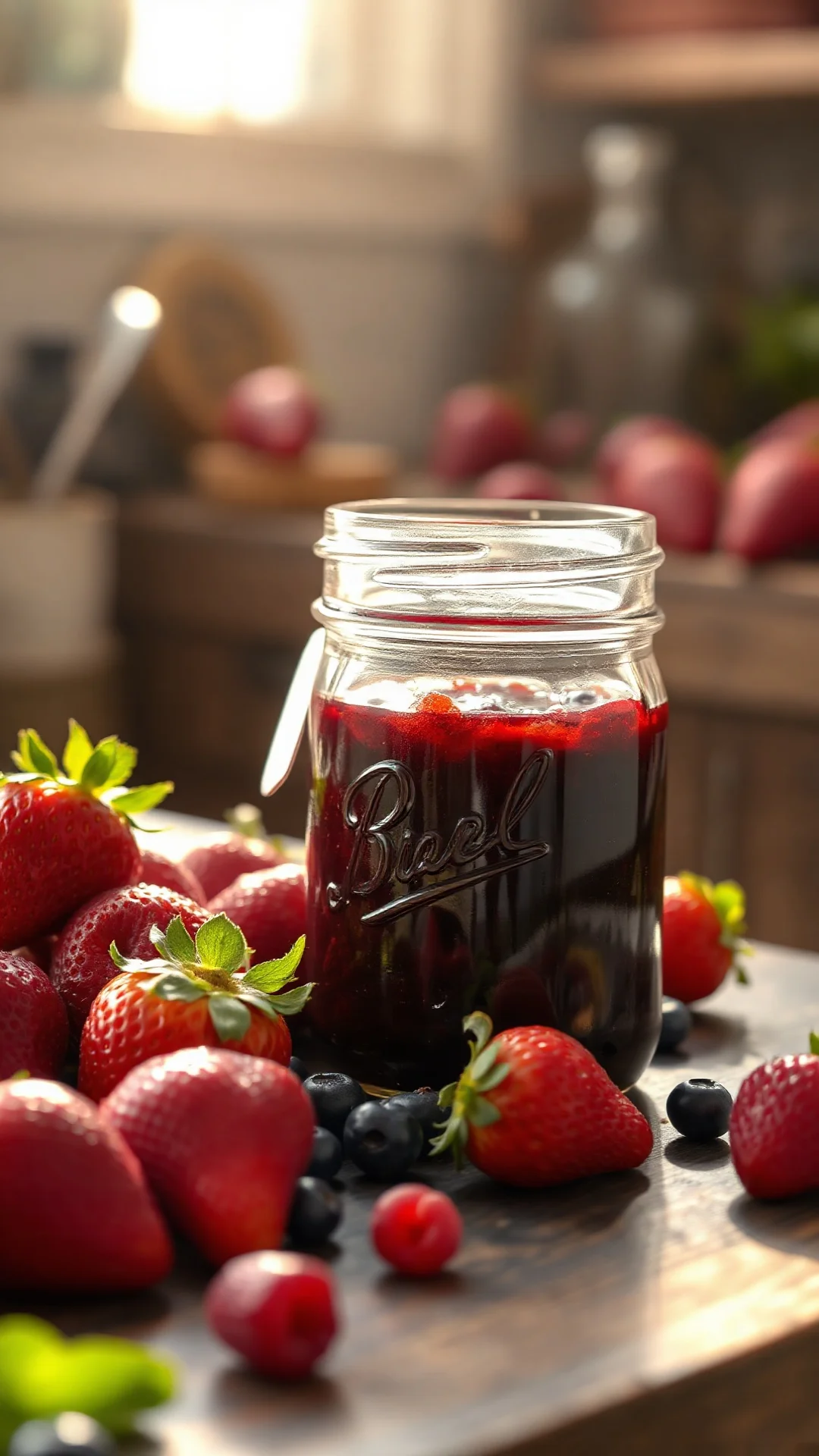 Close-up homemade strawberry jam in glass jar with fresh red strawberries, rustic kitchen setting, golden sunlight, fresh ber