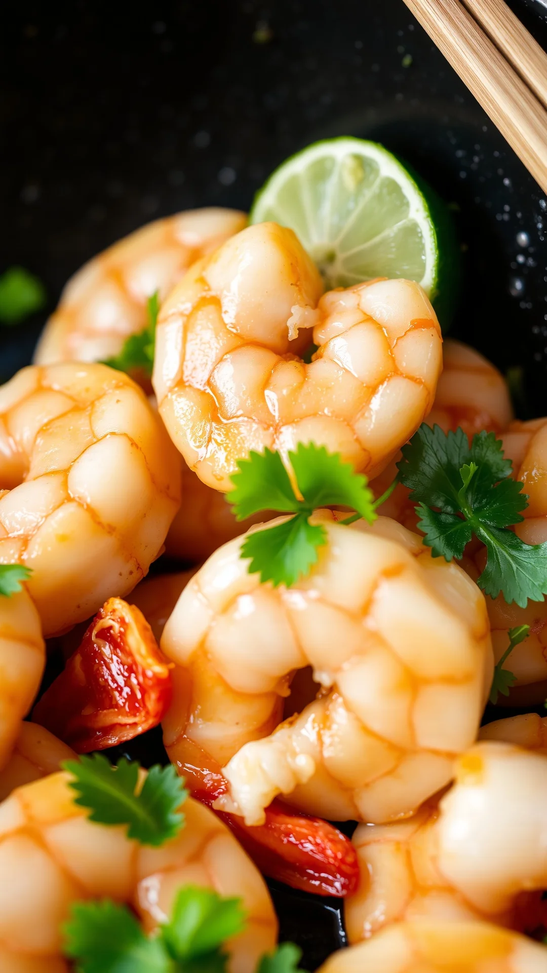 Close-up juicy pink shrimp with ginger, fresh lime, cilantro garnish, Asian wok cooking, professional food photography