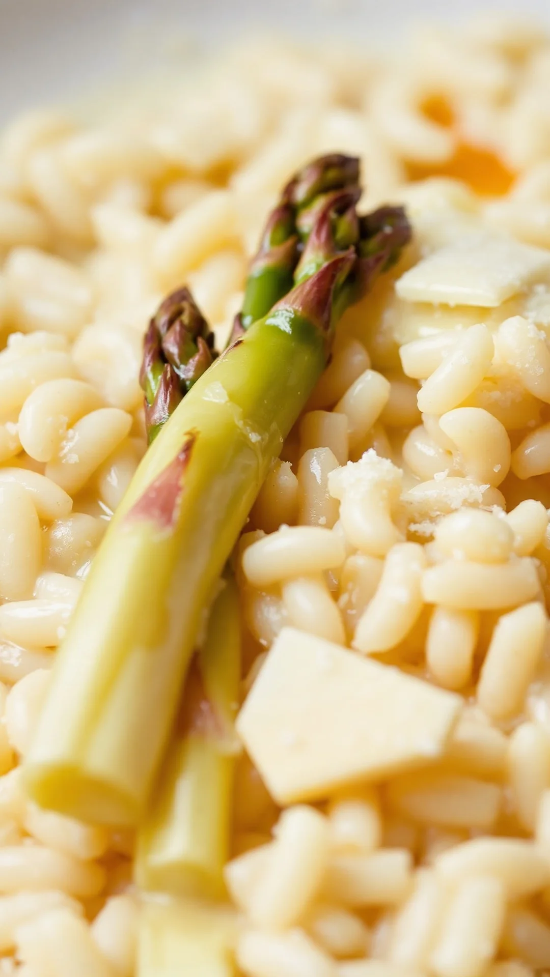 Close-up macro of creamy Arborio risotto with white asparagus spear, melting butter, grated Parmesan cheese, shallow depth of