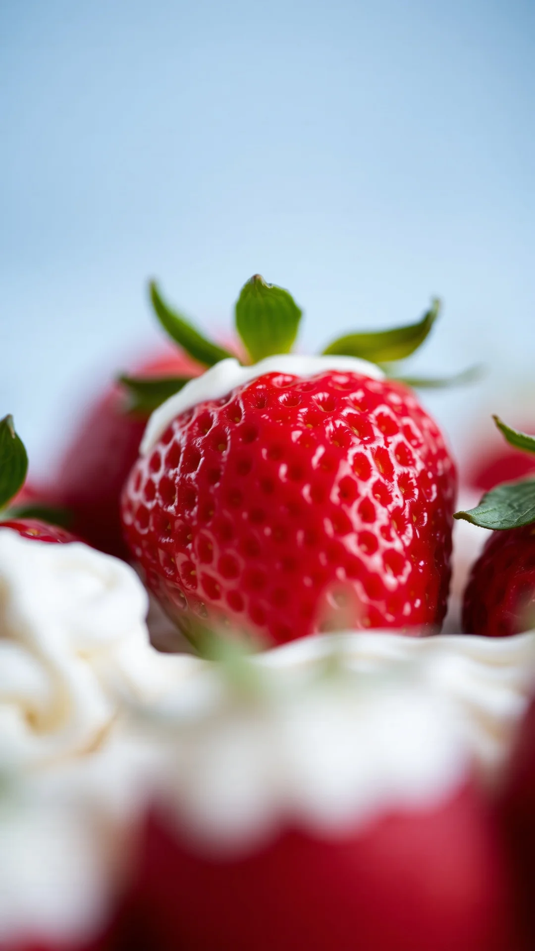 Close-up macro photography of creamy mascarpone strawberries, fresh red ripe strawberries with whipped cream texture, delicat