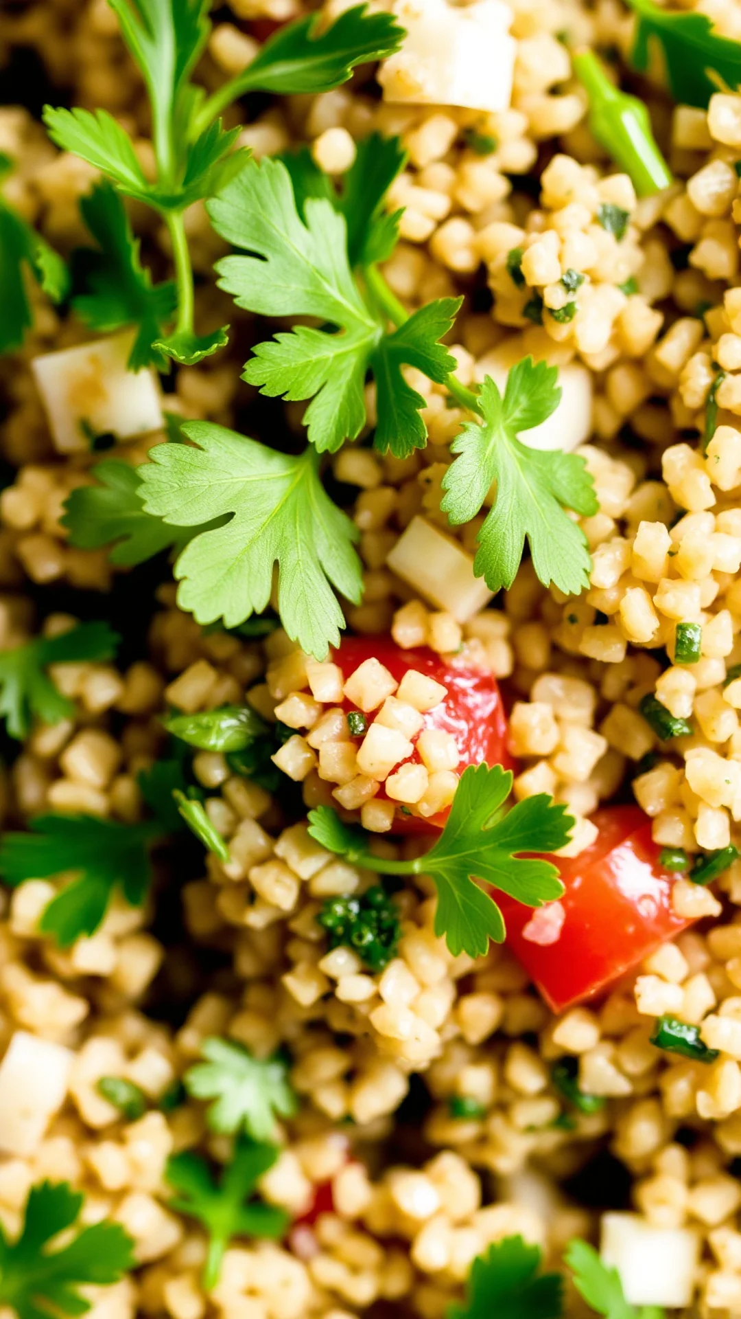 Close-up macro photography of fresh herbs parsley and mint mixed with bulgur tabbouleh, vibrant green herbs, texture details,