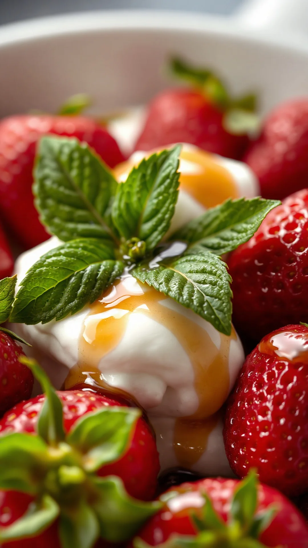 Close-up macro photography of fresh red strawberries with cream, mint leaf garnish, honey drizzle glistening, 9:16 vertical f