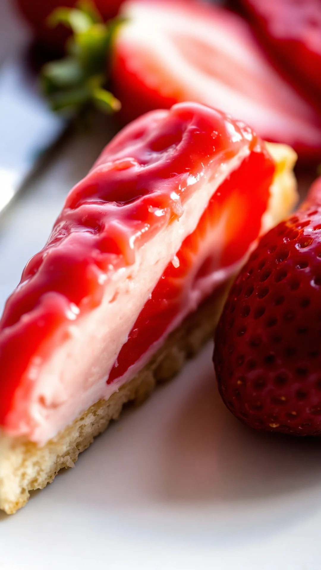 Close-up macro photography of fresh strawberry tart slice, creamy filling, pastry crust, glistening strawberry glaze, food st