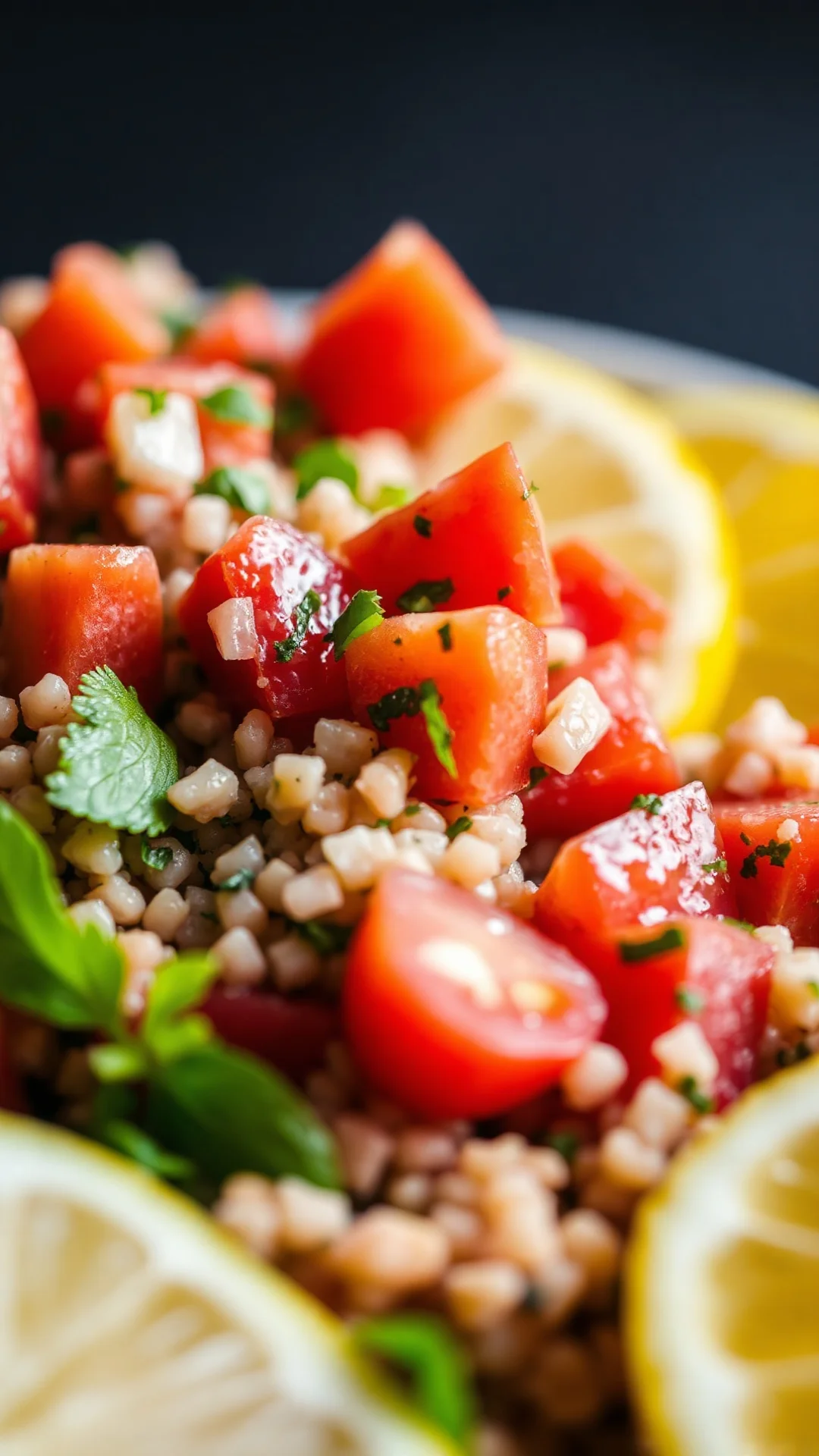 Close-up macro photography of fresh tabbouleh salad with diced tomatoes herbs couscous citrus vertical food styling