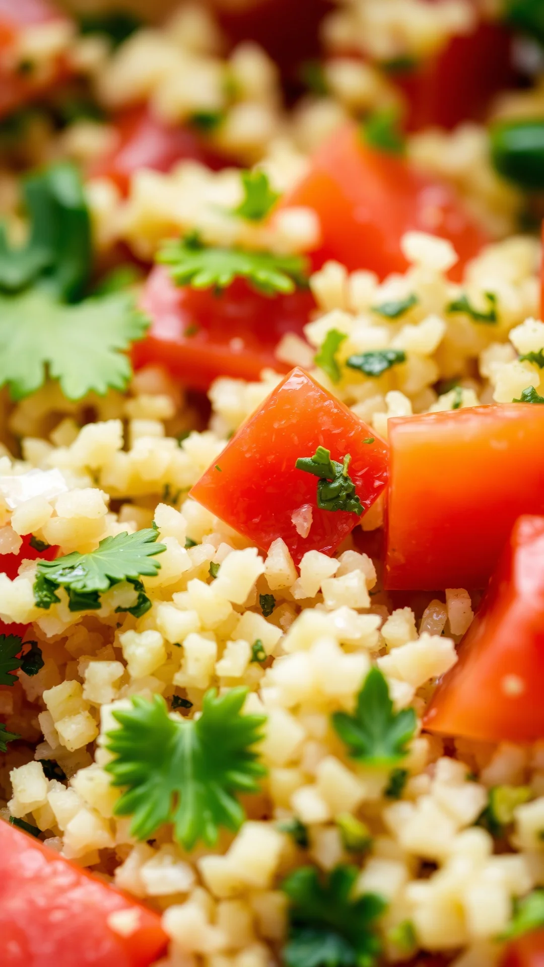 Close-up macro photography of fresh tabbouleh salad texture showing fine semolina grains, diced tomatoes, chopped parsley and