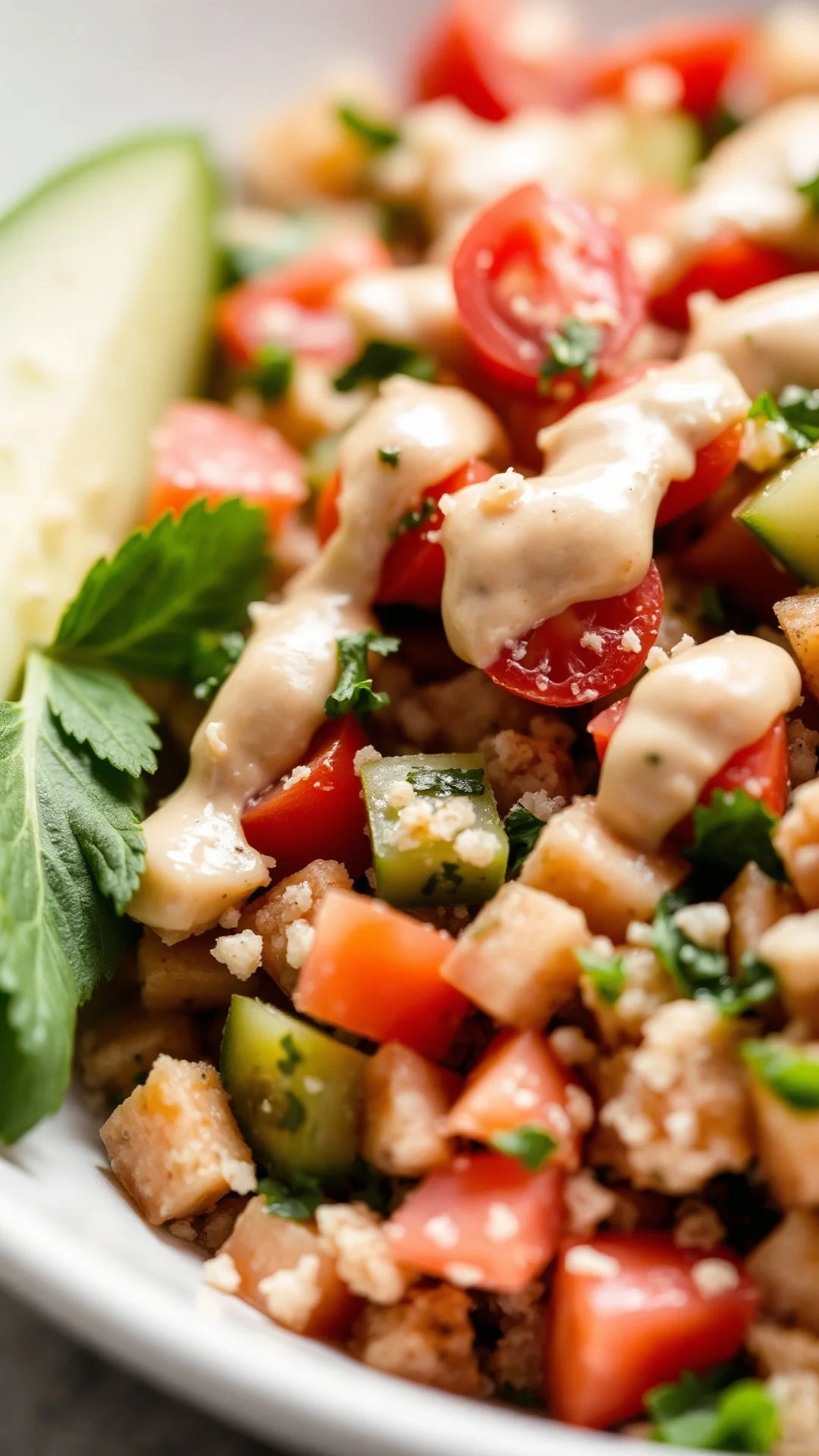 Close-up macro photography of fresh tabbouleh with semolina, diced tomatoes, cucumber, fresh mint and parsley, creamy tahini