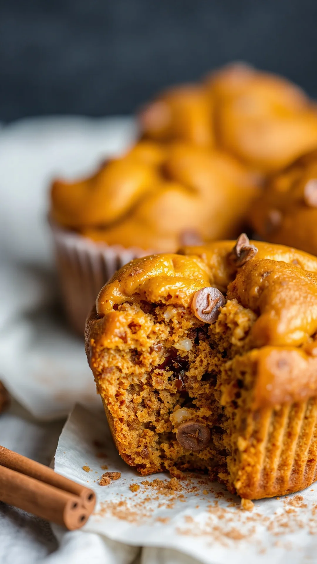 Close-up macro photography of freshly baked pumpkin spice muffin with mocha crumb texture, warm golden exterior, cinnamon dus