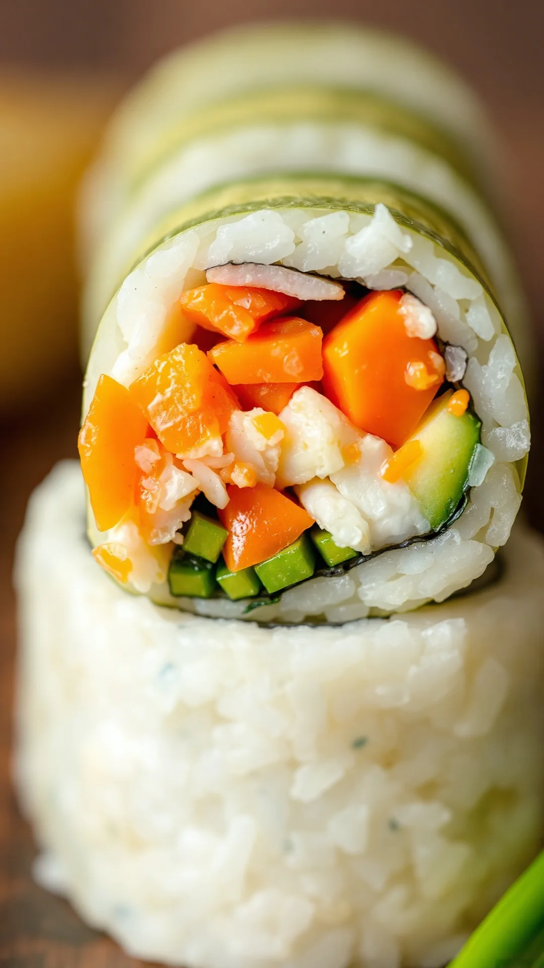 Close-up macro photography of freshly cut homemade sushi roll without avocado, detailed cross-section showing rice cucumber c