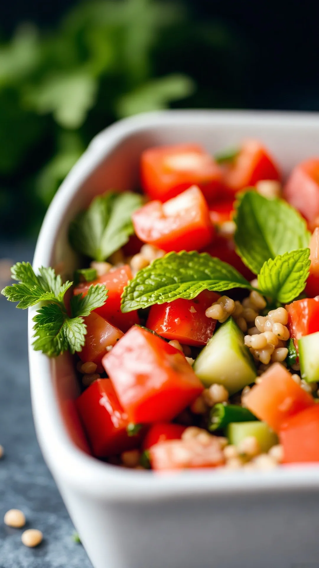 Close-up macro photography of gluten-free tabbouleh with vibrant green parsley, fresh mint leaves, diced tomatoes, cucumber p