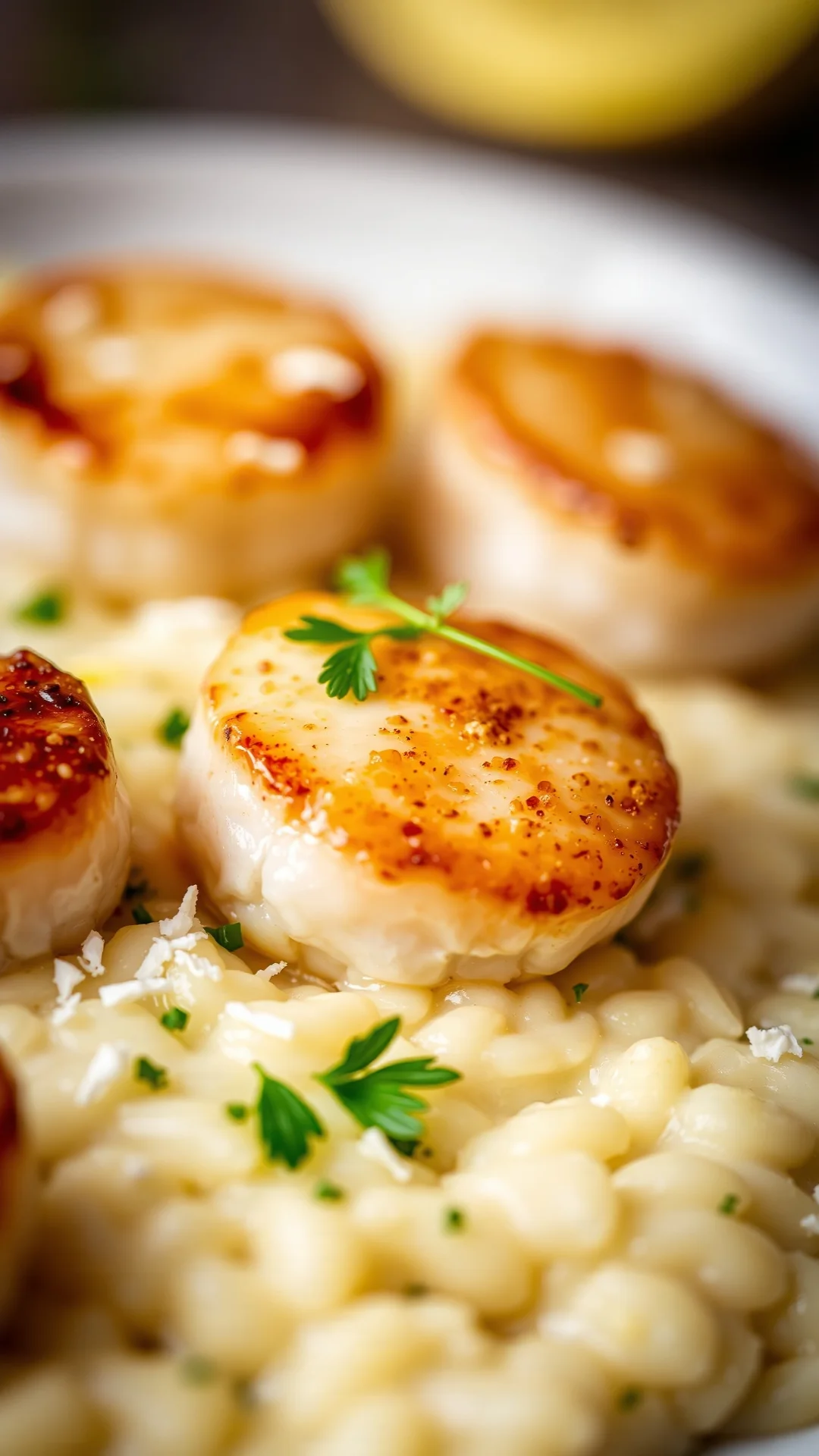 Close-up macro photography of seared scallops golden brown on risotto, creamy texture visible, parmesan shavings, fresh herbs
