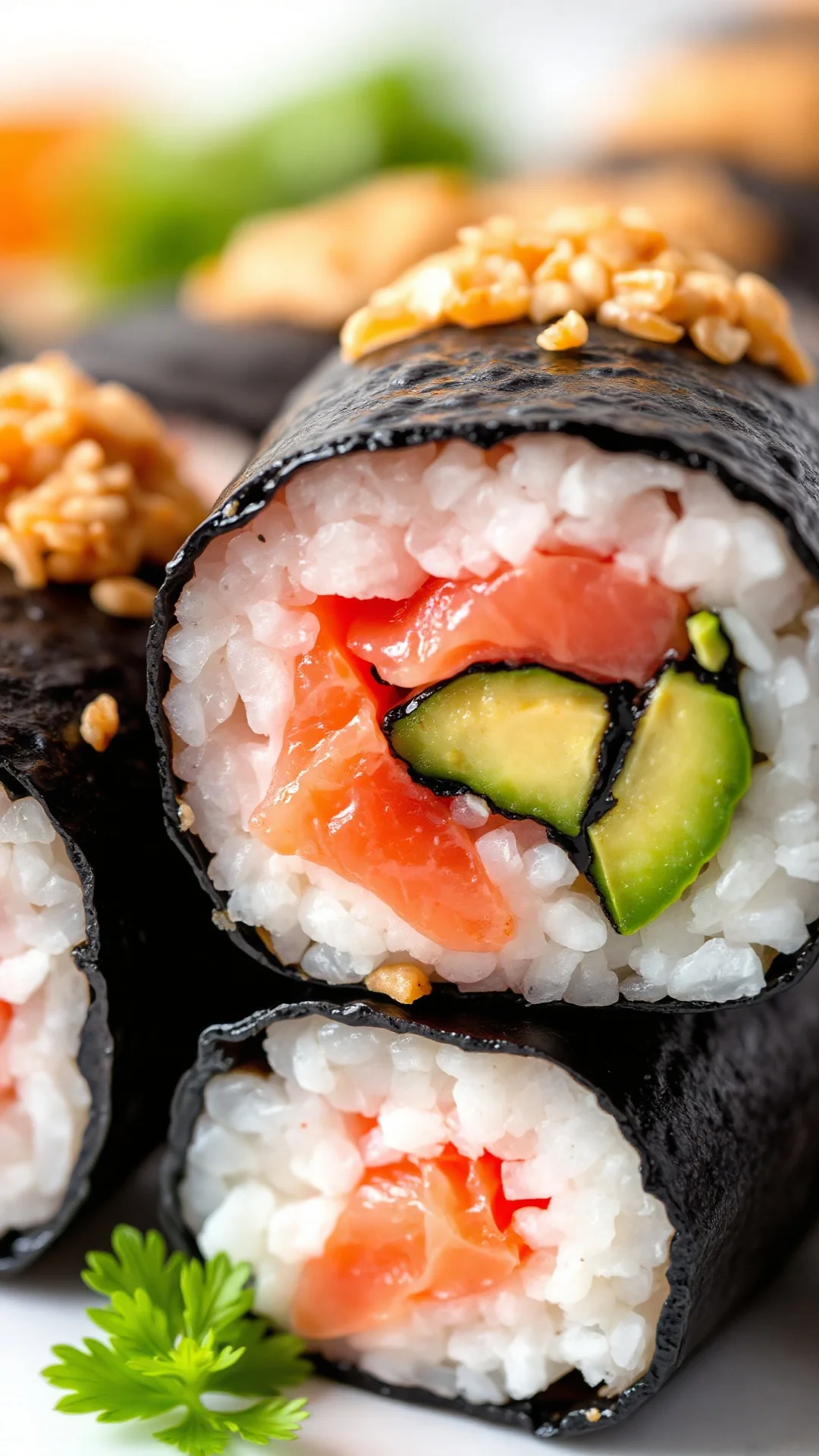 Close-up macro photography of sushi roll cross-section showing vibrant pink salmon, green avocado, white rice and dark nori,