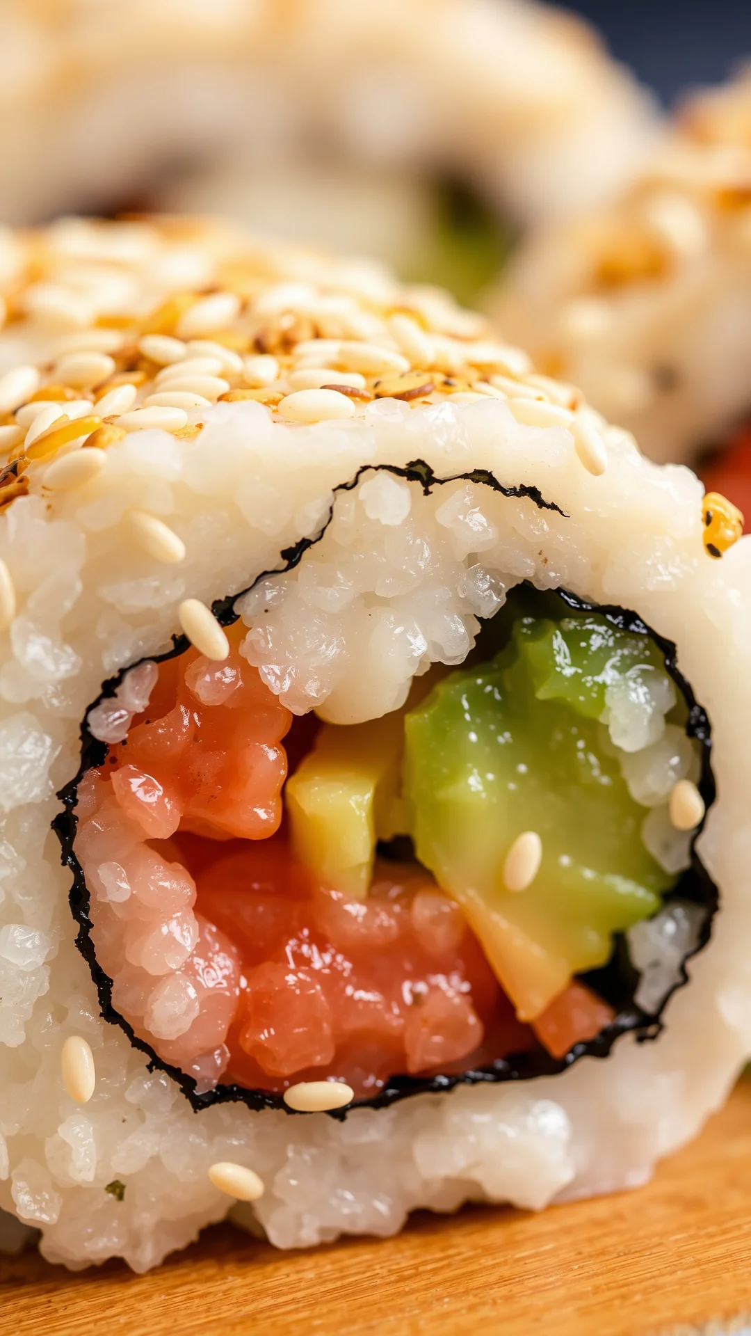 Close-up macro photography of sushi roll cross-section, sesame seeds texture, fresh ingredients visible, soft natural lightin