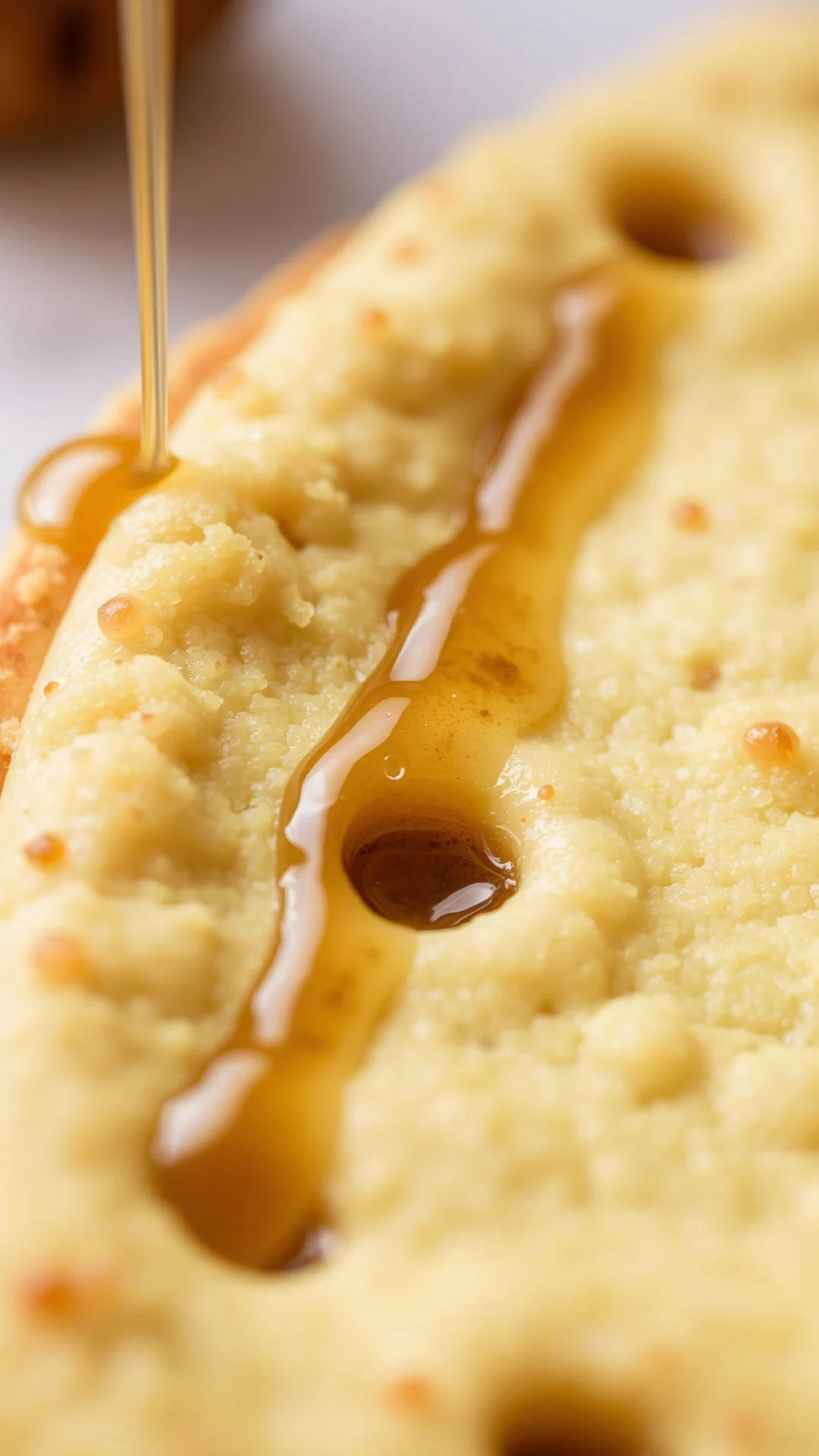 Close-up macro shot golden baghrir crêpe mille trous texture detailed holes, honey drizzle, authentic Moroccan cuisine