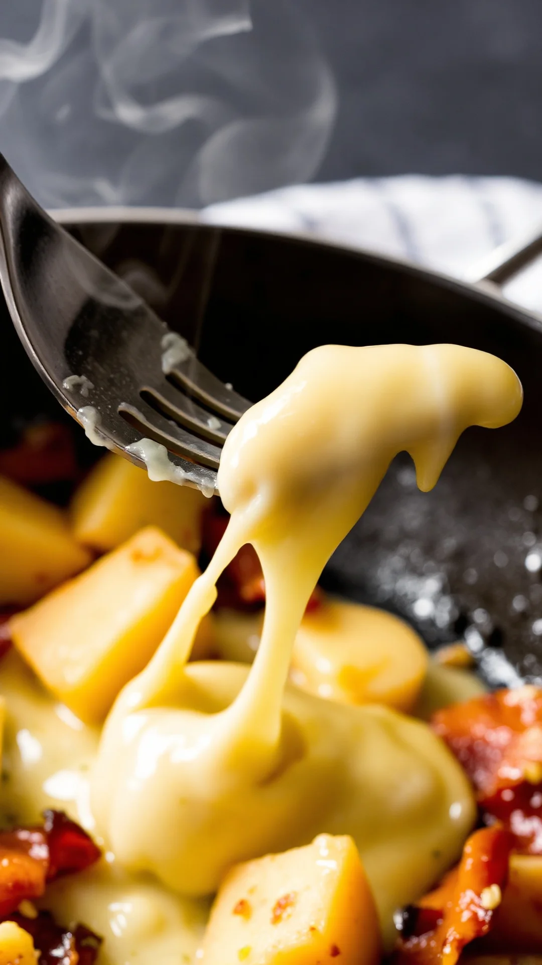 Close-up macro shot melted reblochon cheese stretching from fork over creamy potato and bacon pieces in skillet. Cheesy, rich