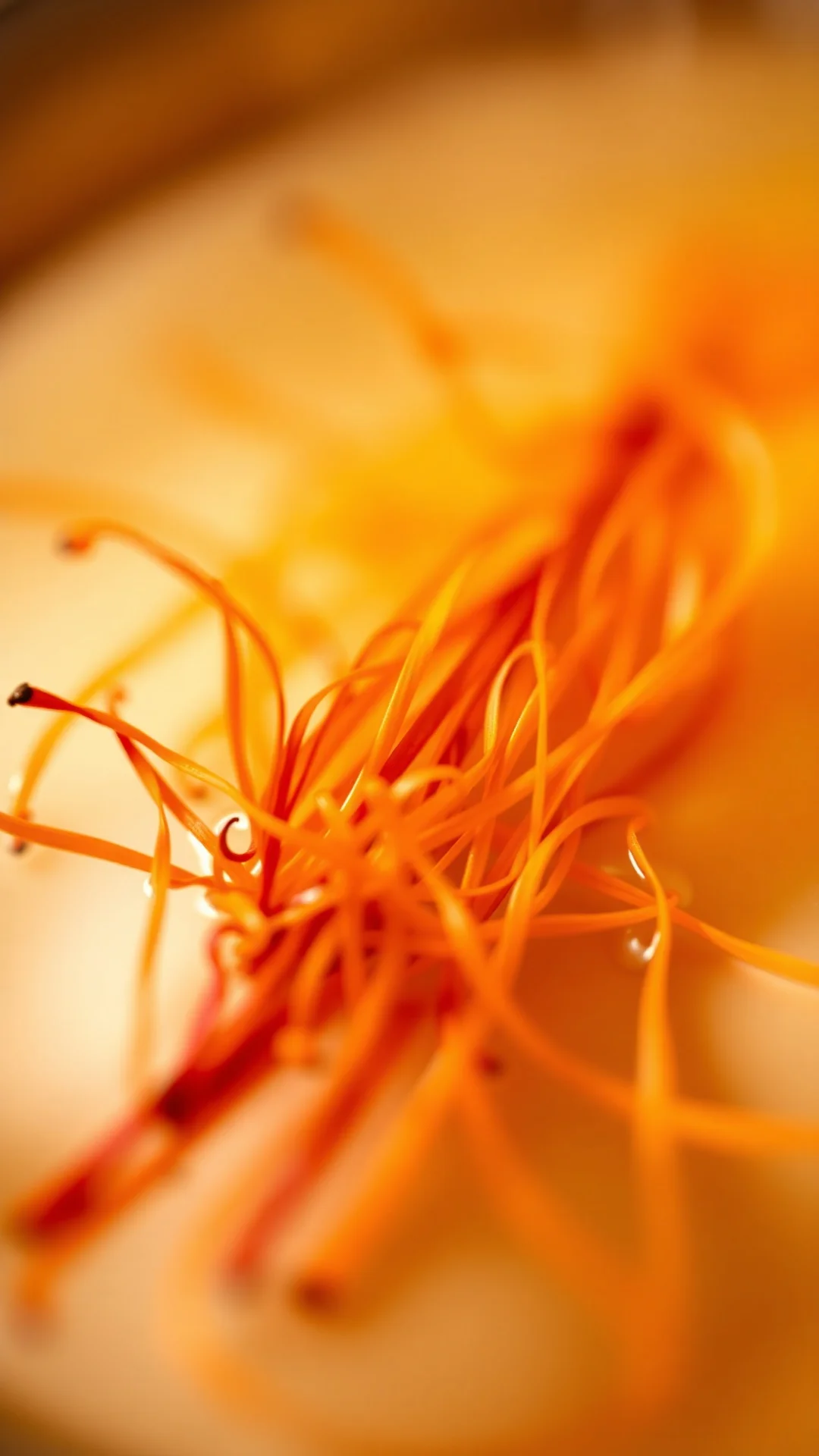 Close-up macro shot of aromatic saffron threads infusing in hot water with rich golden color, steam rising, detailed texture,
