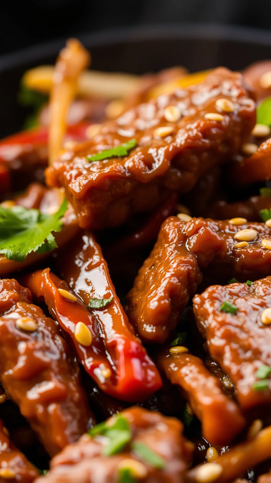Close-up macro shot of Asian beef stir fry with glistening sauce coating tender meat strips, caramelized onions, crunchy pepp