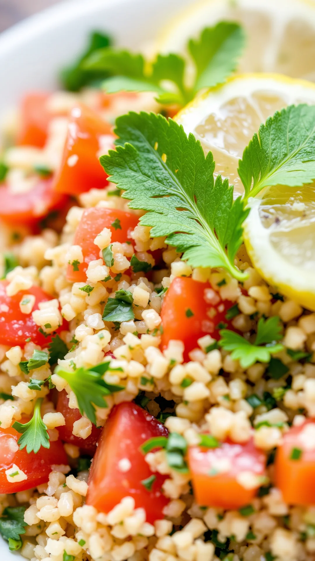 Close-up macro shot of authentic Lebanese tabbouleh with chopped parsley, fresh mint, bulgur grains, tomatoes, lemon garnish,