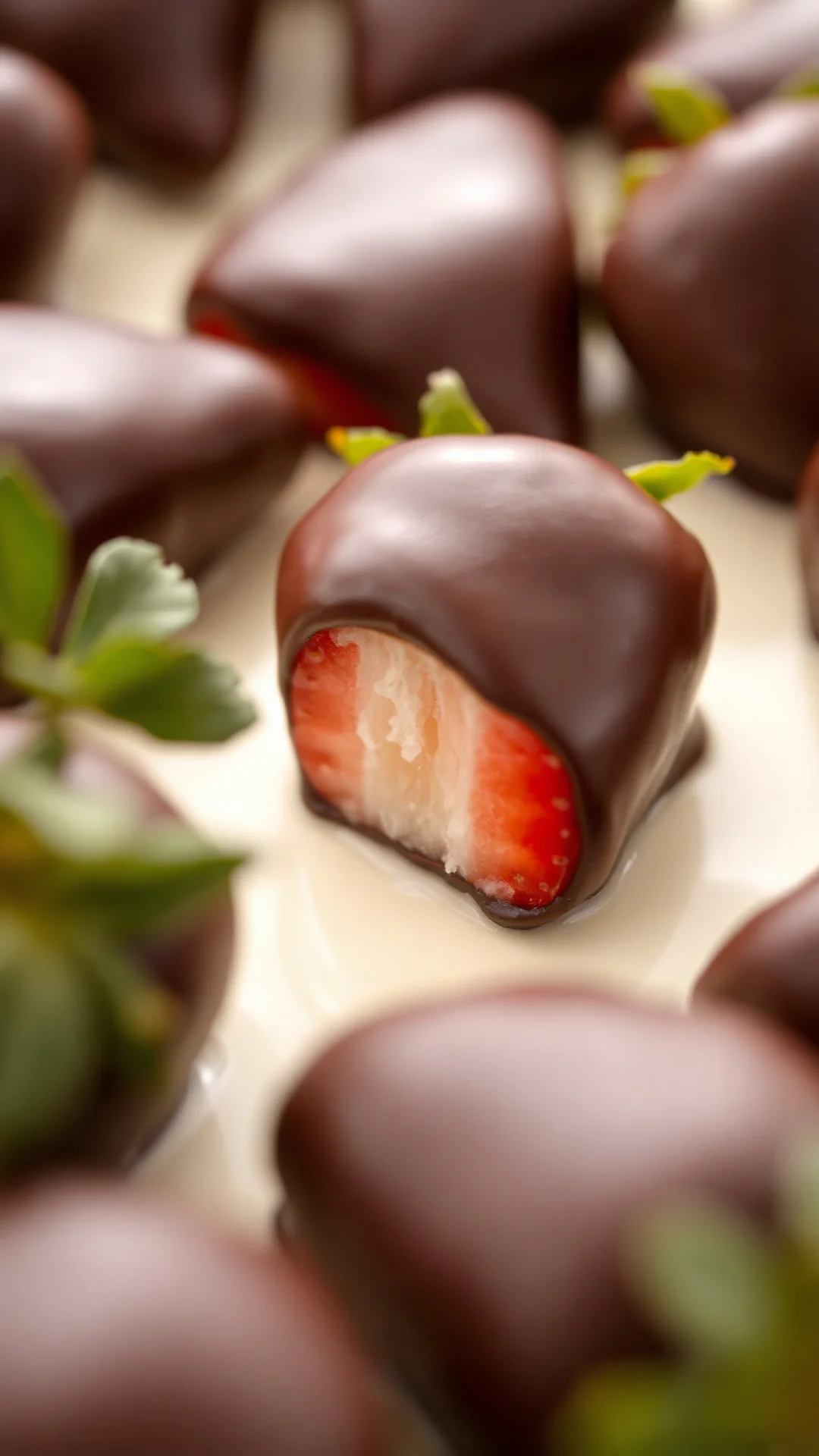 Close-up macro shot of beautiful strawberry dipped in glossy dark chocolate, cream colored background, gourmet chocolate coat