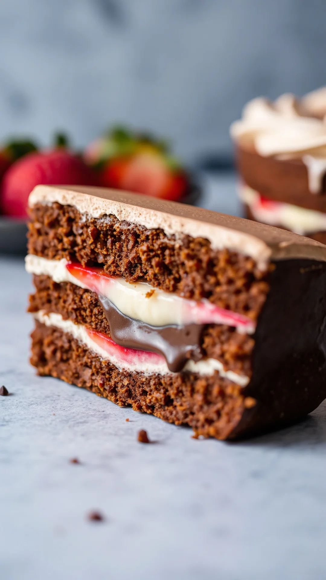 Close-up macro shot of chocolate strawberry cake slice with melting chocolate interior, fresh strawberry and cream layers, ri