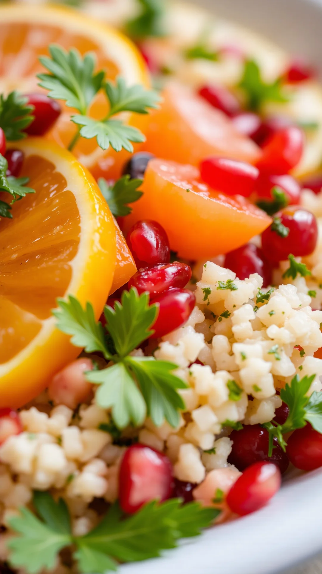 Close-up macro shot of colorful tabbouleh with citrus fruits, fresh mint, parsley, pomegranate seeds glistening, vertical foo