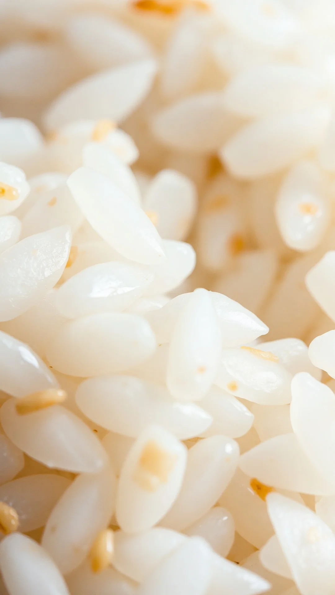 Close-up macro shot of cooked white Japanese sushi rice grains with vinegar coating, showing individual grain texture and glo