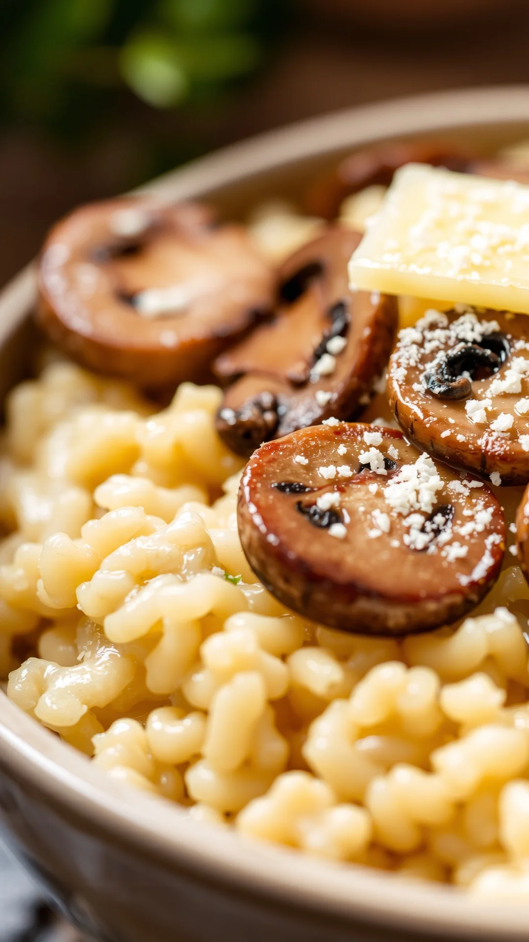 Close-up macro shot of creamy mushroom risotto with sautéed mushrooms, melted butter, and grated parmesan cheese in warm nat