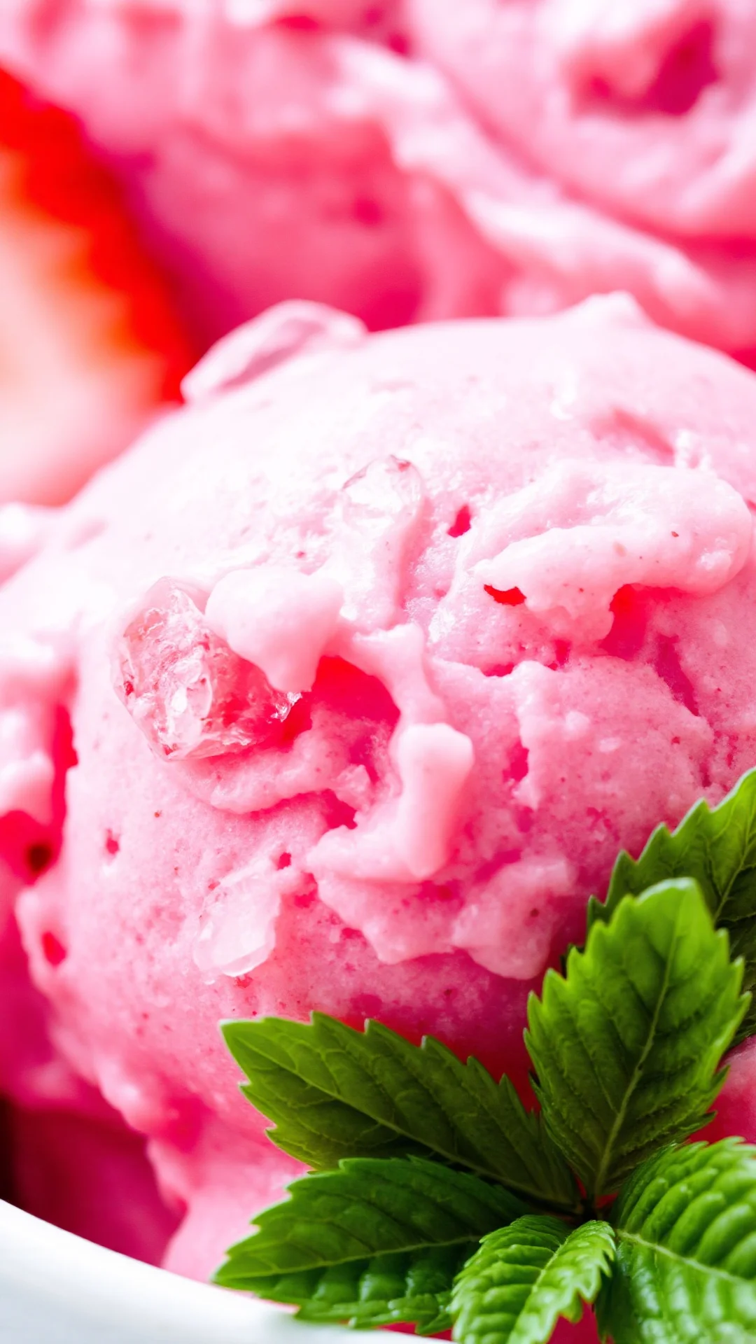 Close-up macro shot of creamy pink strawberry sorbet with ice crystals, fresh mint leaf, vibrant natural lighting