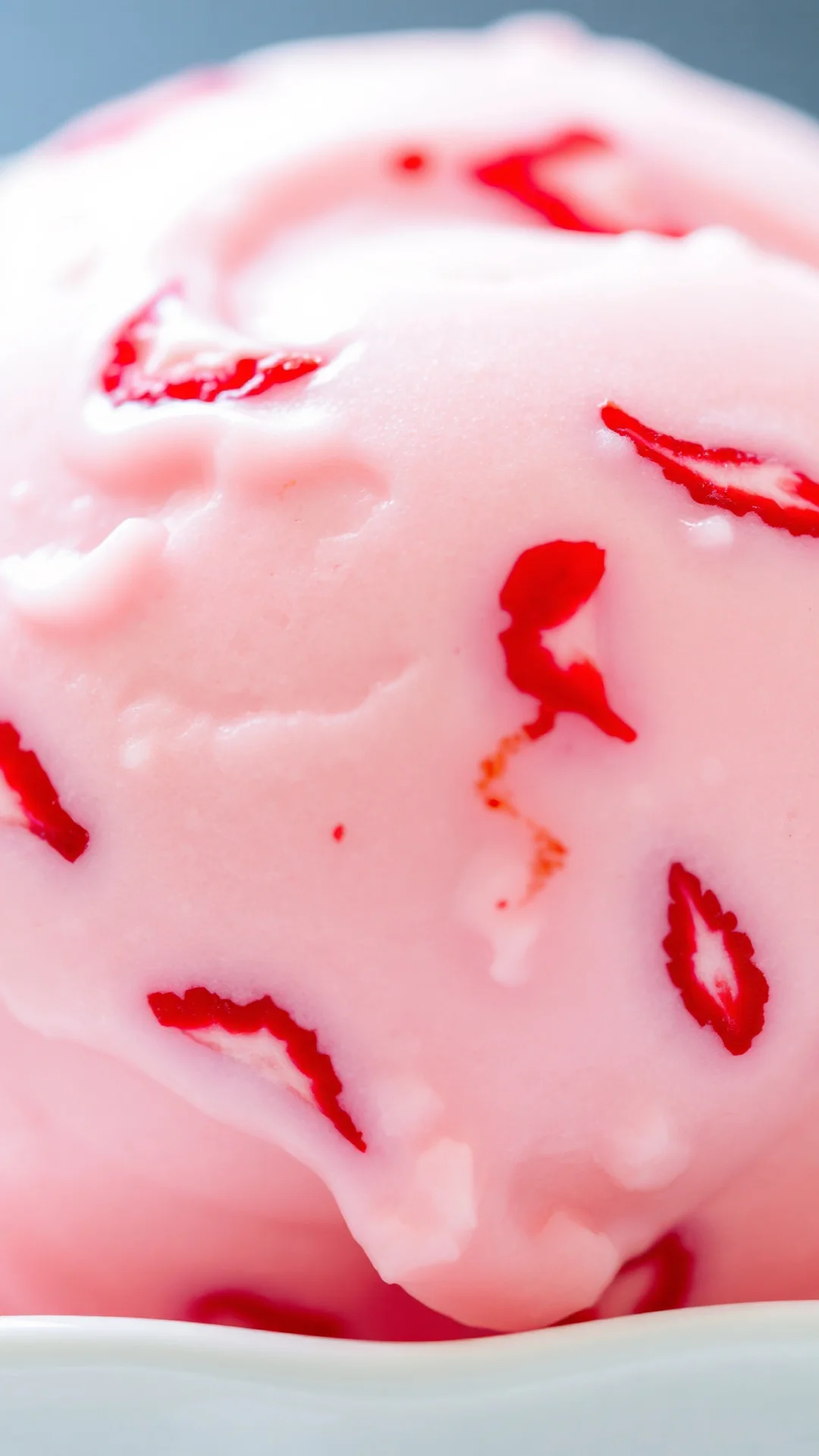 Close-up macro shot of creamy pink strawberry sorbet texture with swirls, fresh strawberry pieces, cold ice cream dessert, pr