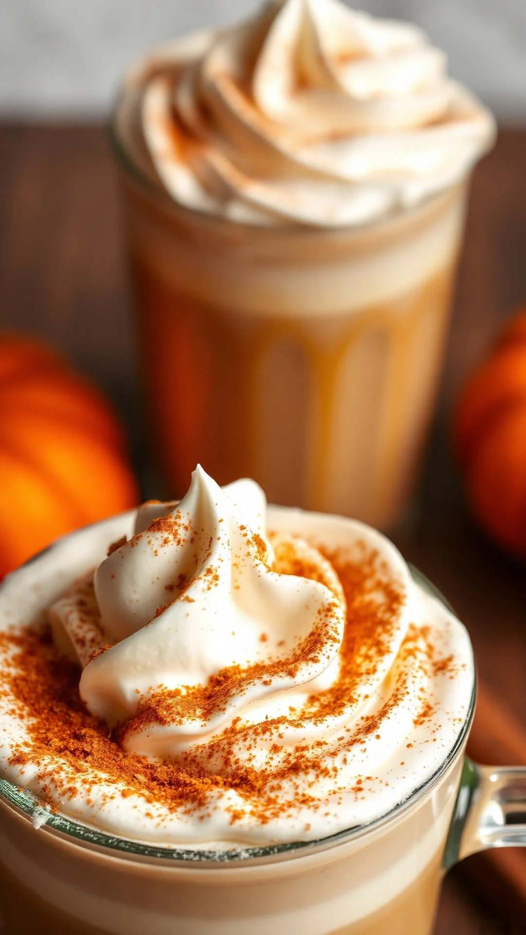 Close-up macro shot of creamy Pumpkin Spice Latte with thick foam top, cinnamon dust, whipped cream swirl, warm orange pumpki