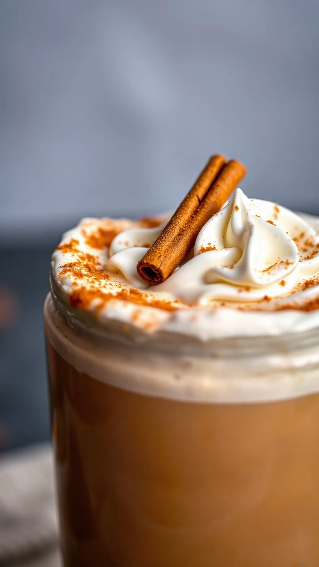 Close-up macro shot of creamy Pumpkin Spice Latte with whipped cream foam, cinnamon stick, nutmeg dusting, autumn colors, coz