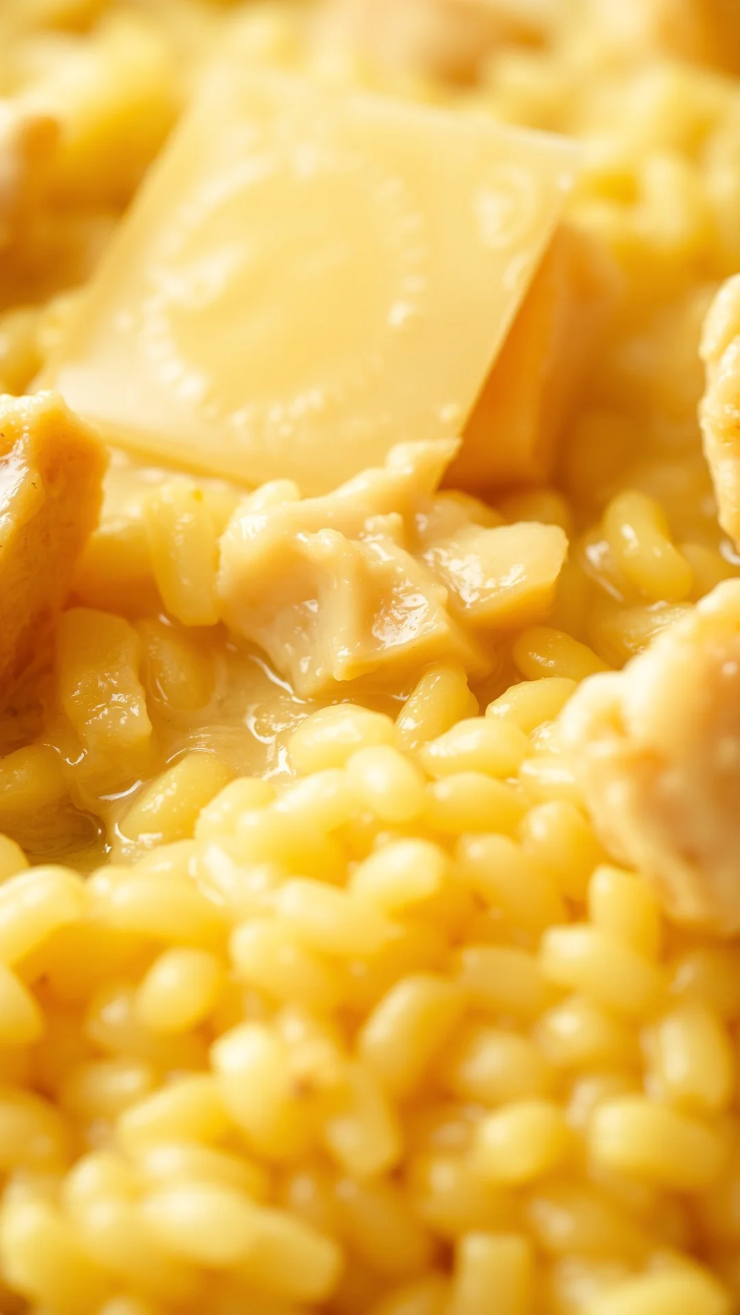 Close-up macro shot of creamy risotto with diced chicken, melted butter and fresh parmesan cheese, food texture detail, golde